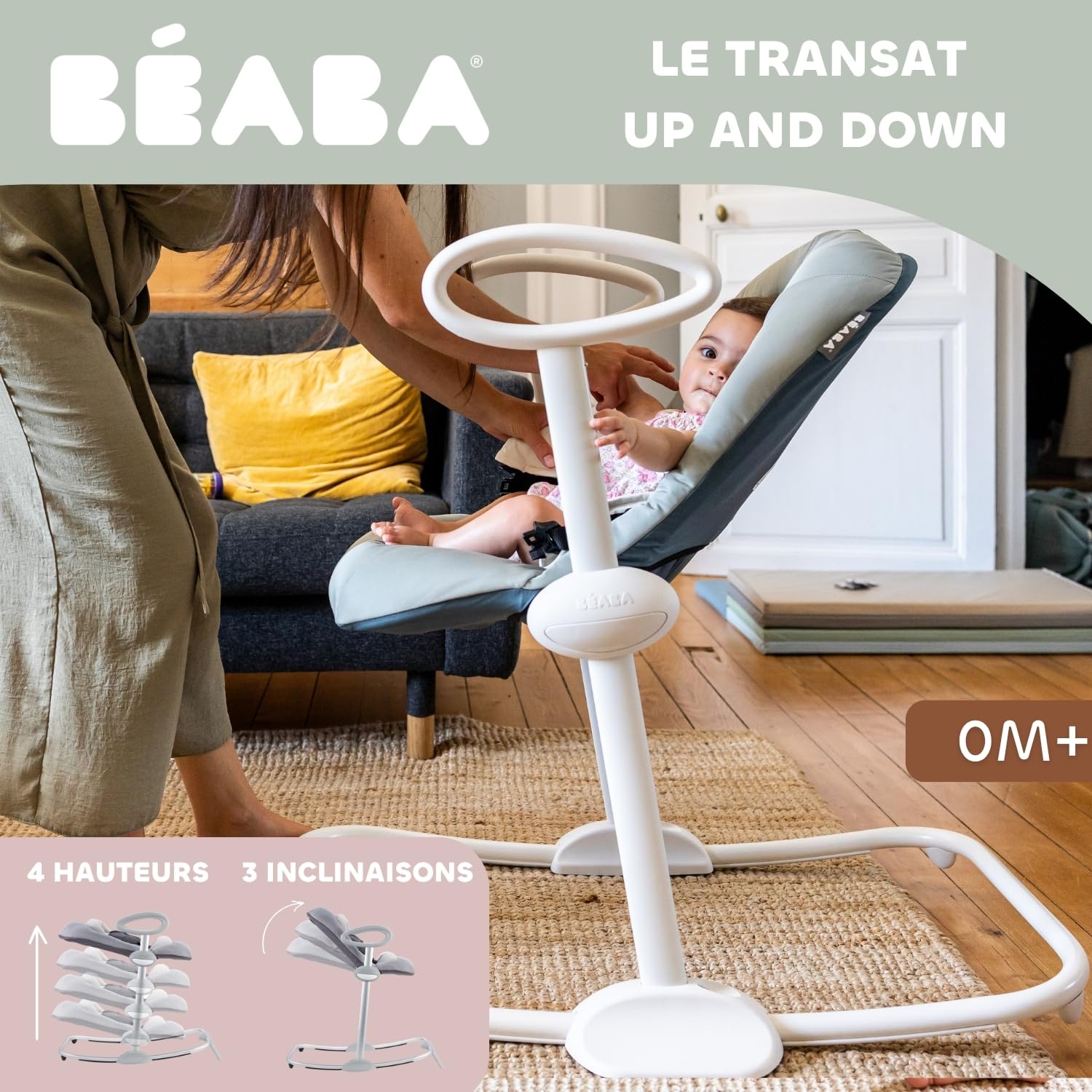 BÉABA, Transat Up & Down, Réglable 4 Hauteurs, 3 Inclinaisons, Vert de gris