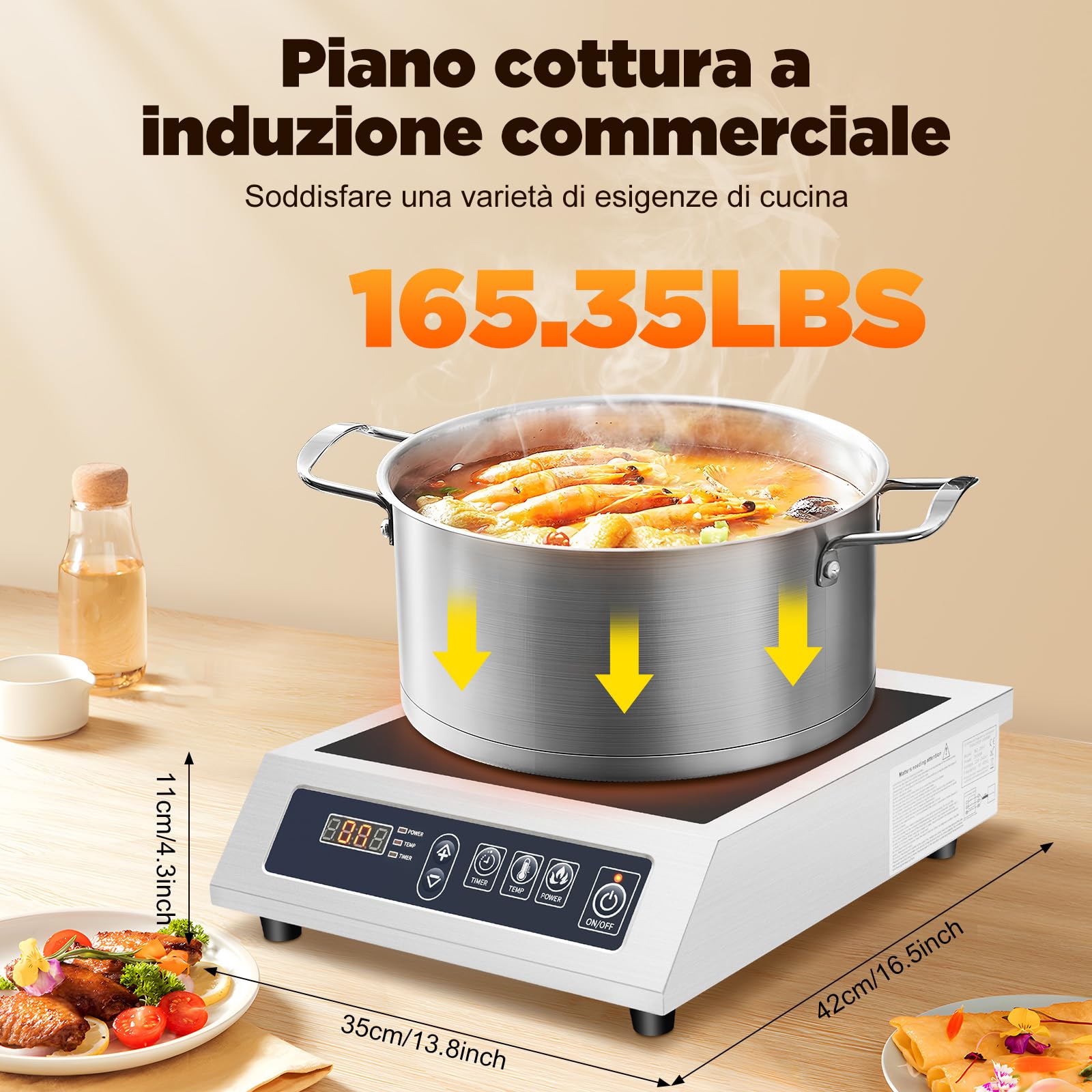 Piastra di cottura a induzione, 3500 W, 35 cm, fornello elettrico a induzione, 75 kg, grande piano cottura a induzione, 1 piastra per diametro 12 – Ø 30 cm, in acciaio inox piatto magnetico, smaltato