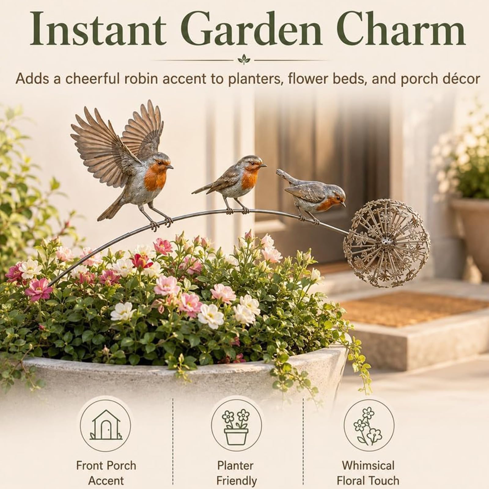 Generico Paletto da giardino con pettirosso, 3 uccelli pettirosso e disegno di dente di leone, paletto da giardino per esterni per passerella su aiuola di fiori nel patio (2PCS)