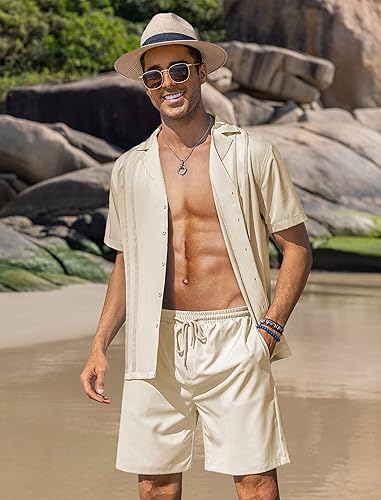 Miniatura 2 de COOFANDY Conjunto corto de 2 piezas para hombre camisa cubana con botones casual pantalones cortos de playa