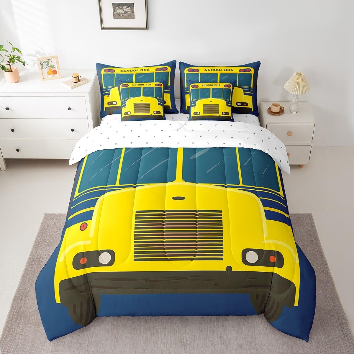 Castle Fairy Cartoon School Bus Reversible Comforter Set 7 Piece King Size,Bright Yellow Car Print Navy Blue Bed Sheet Set Vehicle Front Wheels Bedding Set with Comforter,Fitted & Flat Sheet