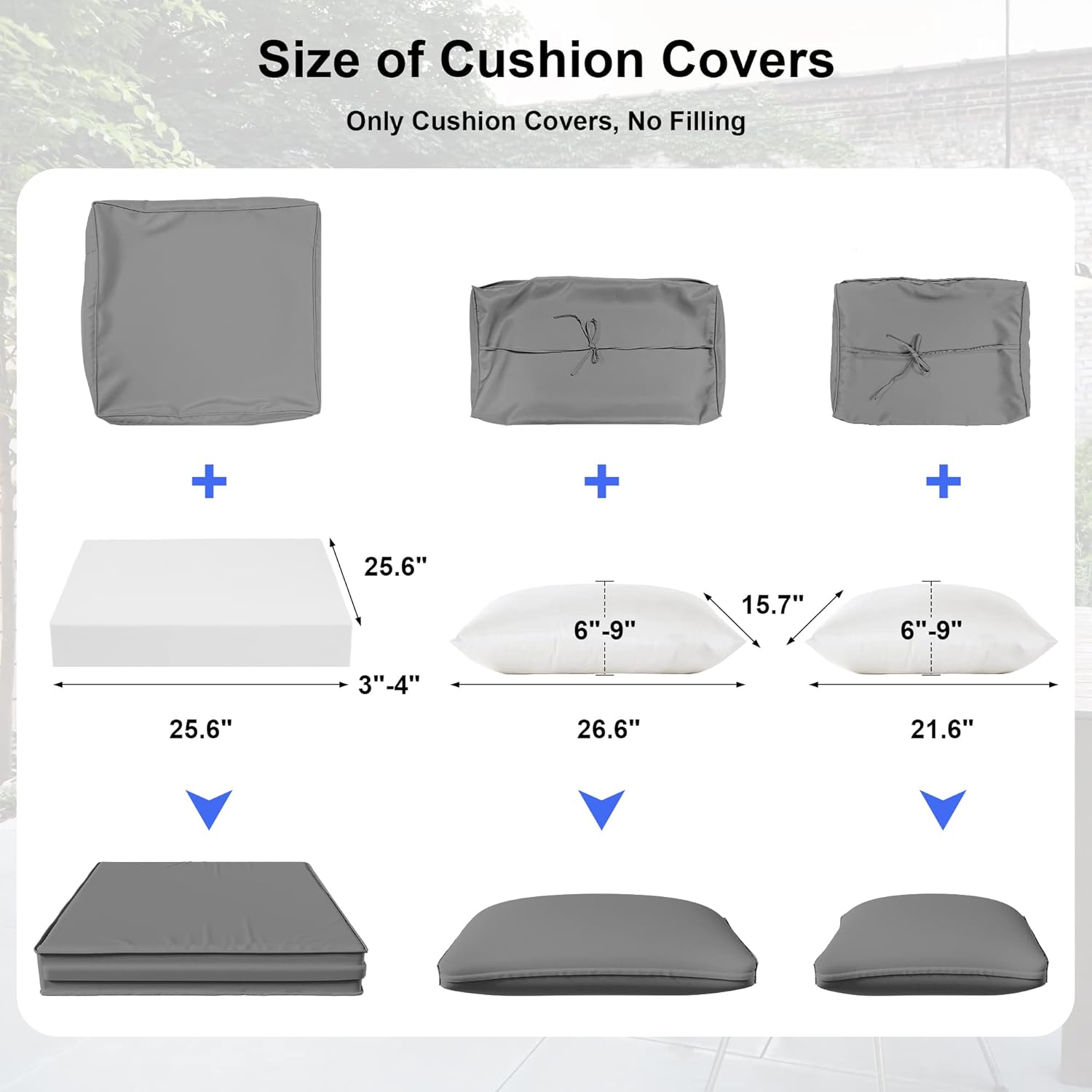 ALAULM 11 Pieces Patio Cushion Covers Replacement, Waterproof & Splashproof Outdoor Furniture Cushion Slipcovers with Zippers, Covers Only (Grey,25.6×25.6×4inches