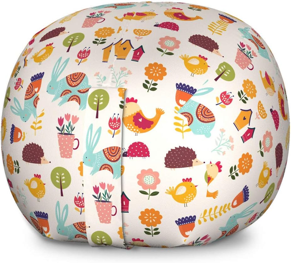 Ambesonne Colorful Storage Toy Bag Chair, Countryside Farming Theme with Little Bunny Chicken and Flowers in The Pots, Stuffed Animal Organizer Washable Bag, Large Size, Multicolor