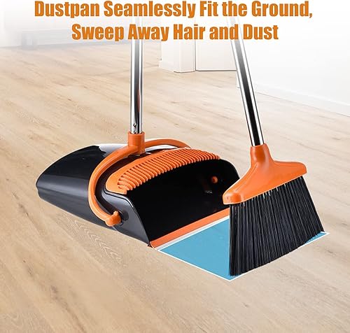 Miniatura 5 de Juego de escoba y recogedor con mango largo de 45.3 pulgadas, recogedor de pie a prueba de viento con escoba combinado para el hogar, cocina,
