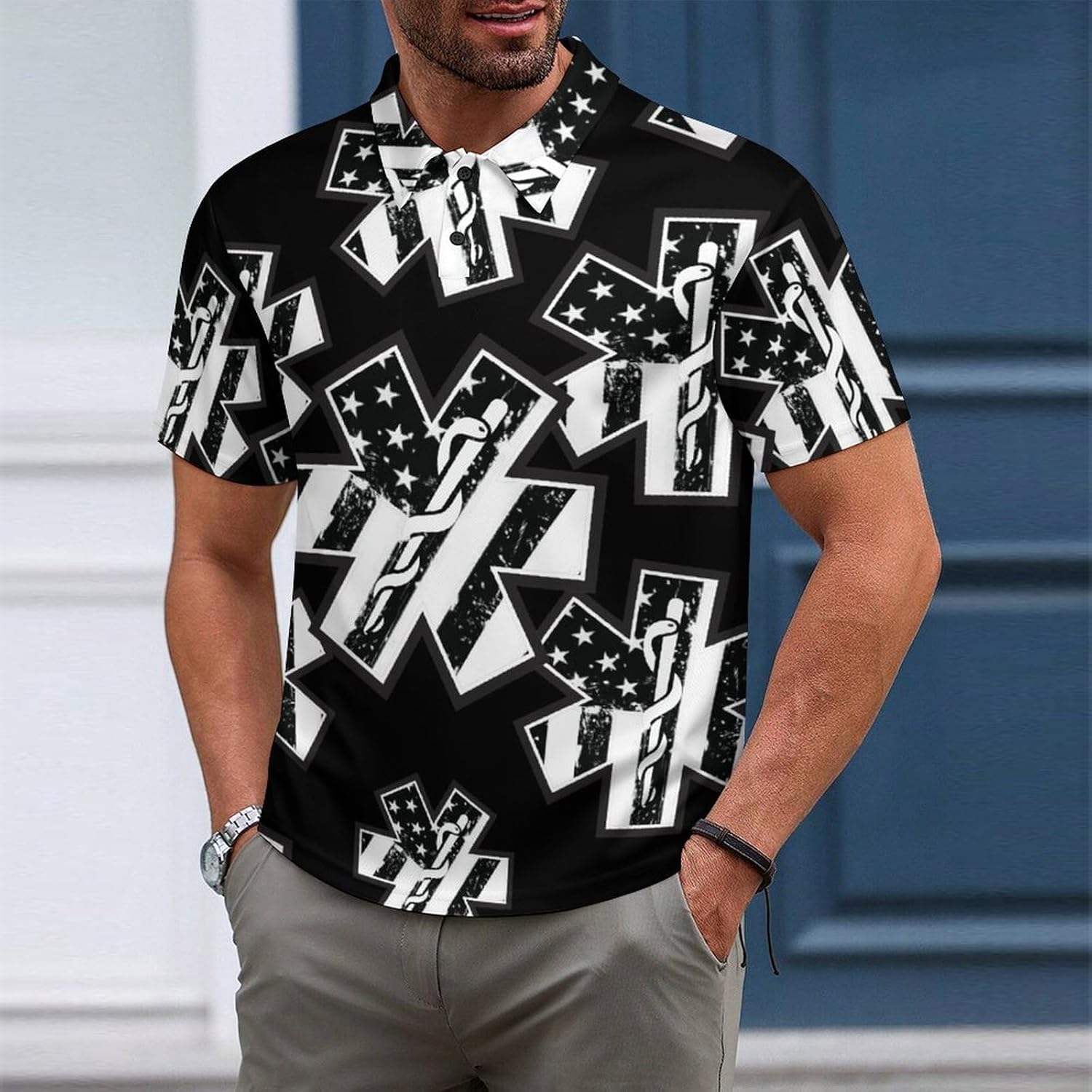 U.S.A. Flag with EMS Star of Life Mens Polo Shirt Short Sleeve Top Tee Casual T-Shirt