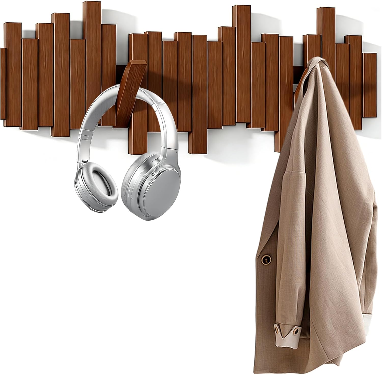 Wall Mounted Wooden Coat Rack with Flip-Down Piano Key Hooks, Hardwood Heavy Duty Wall Hook Rack with Hidden Mount for Entryway, Coats, Bags & Hats, Walnut Wood with 8 Hooks