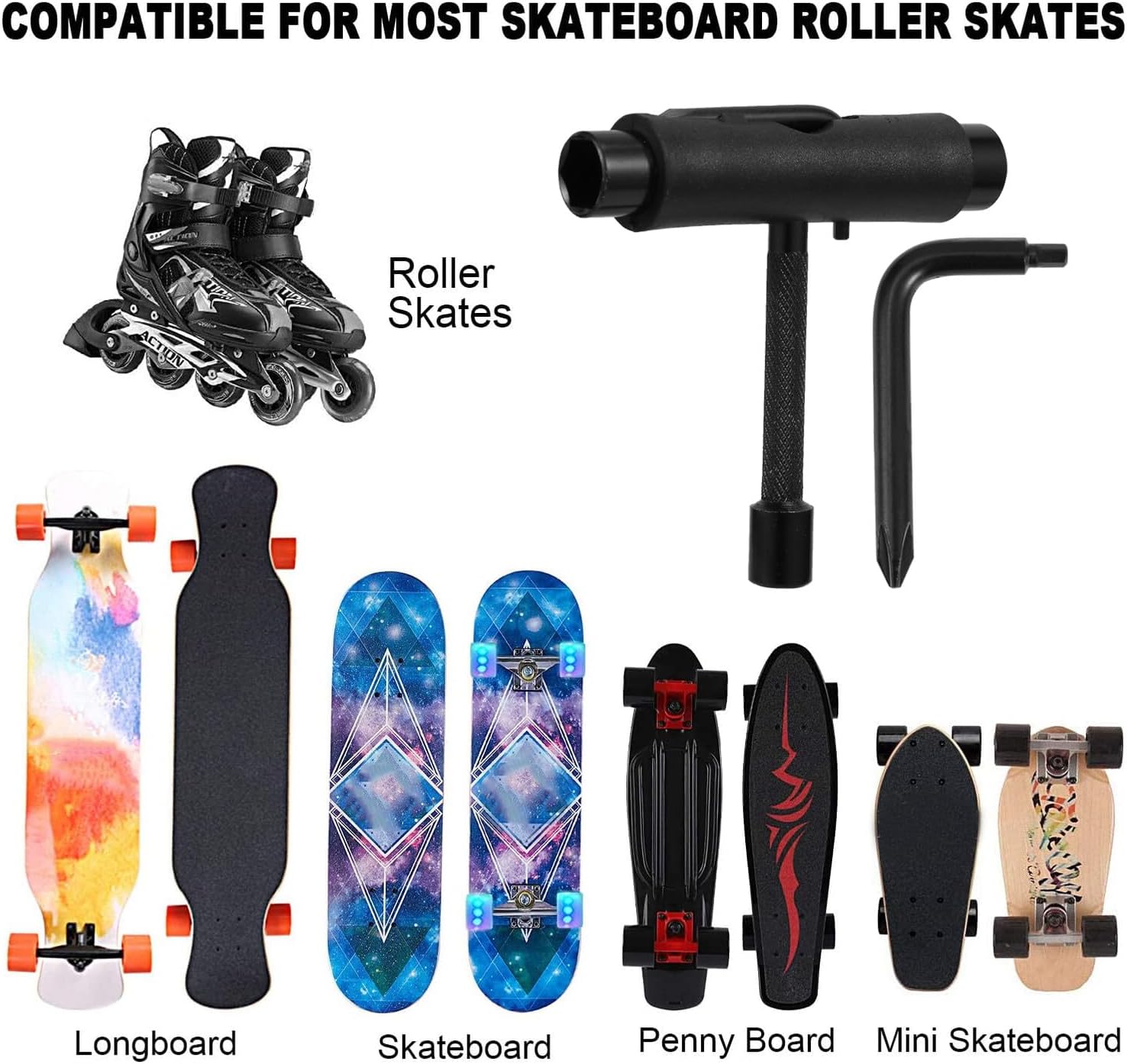 Skate T Tool for Skateboard Maintenance and Assembly Strong T-Shaped Wrench with Six-Sided and Screwdrivers Portable Black Skateboard Accessory for Longboards and Standard Boards
