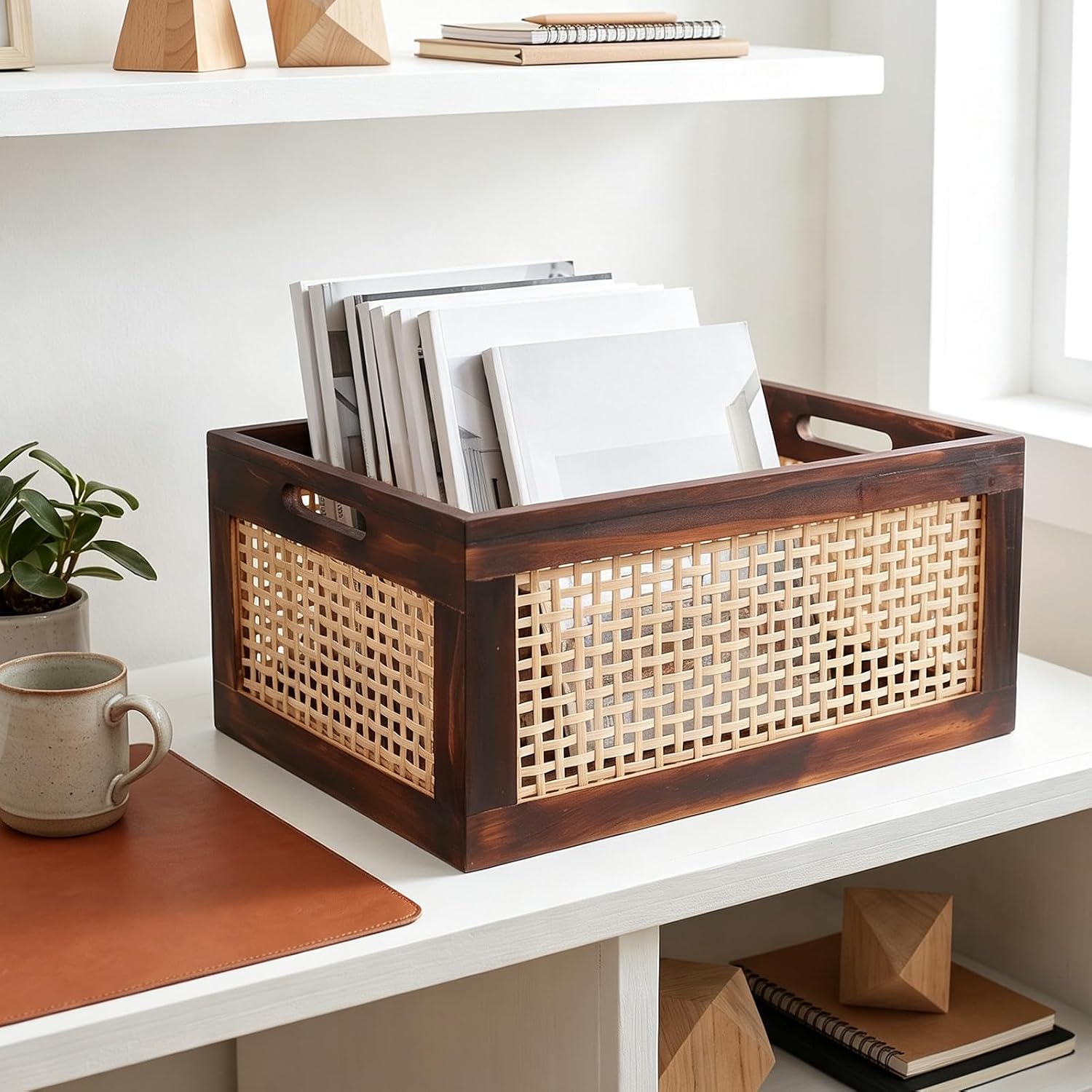 Amosfun Rectangle Woven Basket with Handles, Handwoven Wood Storage Box for Magazines and Books, Stable Construction with Smooth Finish, for Bedside Table or Closet Organization