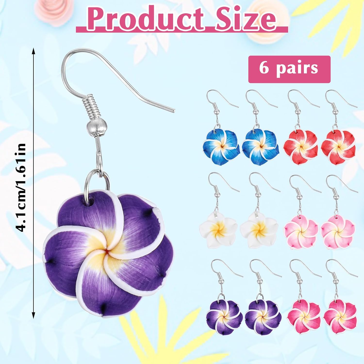 6 Pair Hawaiian Earrings for Women, Tropical Plumeria Earrings for Women Hibiscus Earring for Bohemia Luau Beach Party Jewelry Accessories - Image 2