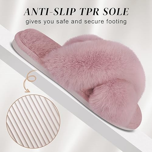 Miniatura 4 de Parlovable Women's Cross Band Slippers Fuzzy Soft House Slippers Plush Furry Warm Cozy Open Toe Fluffy Home Shoes Comfy Indoor Outdoor Slip On