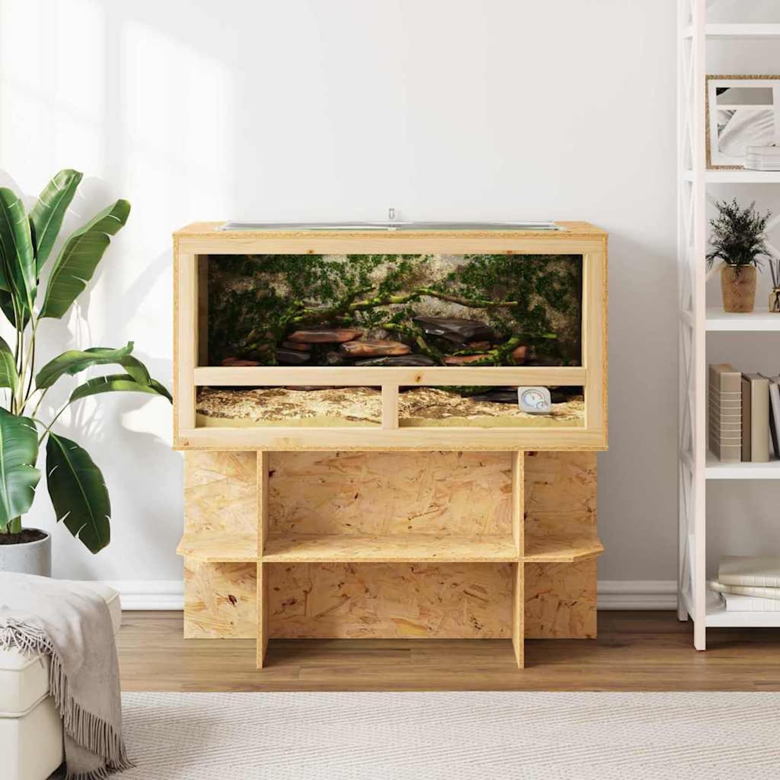 Terrario OSB Rustico per Rettili e Anfibi 100x50x50 cm, con Termometro, Finitura Marrone Opaca, Spazio Ampi, Design Naturale, Solo per Uso Interno