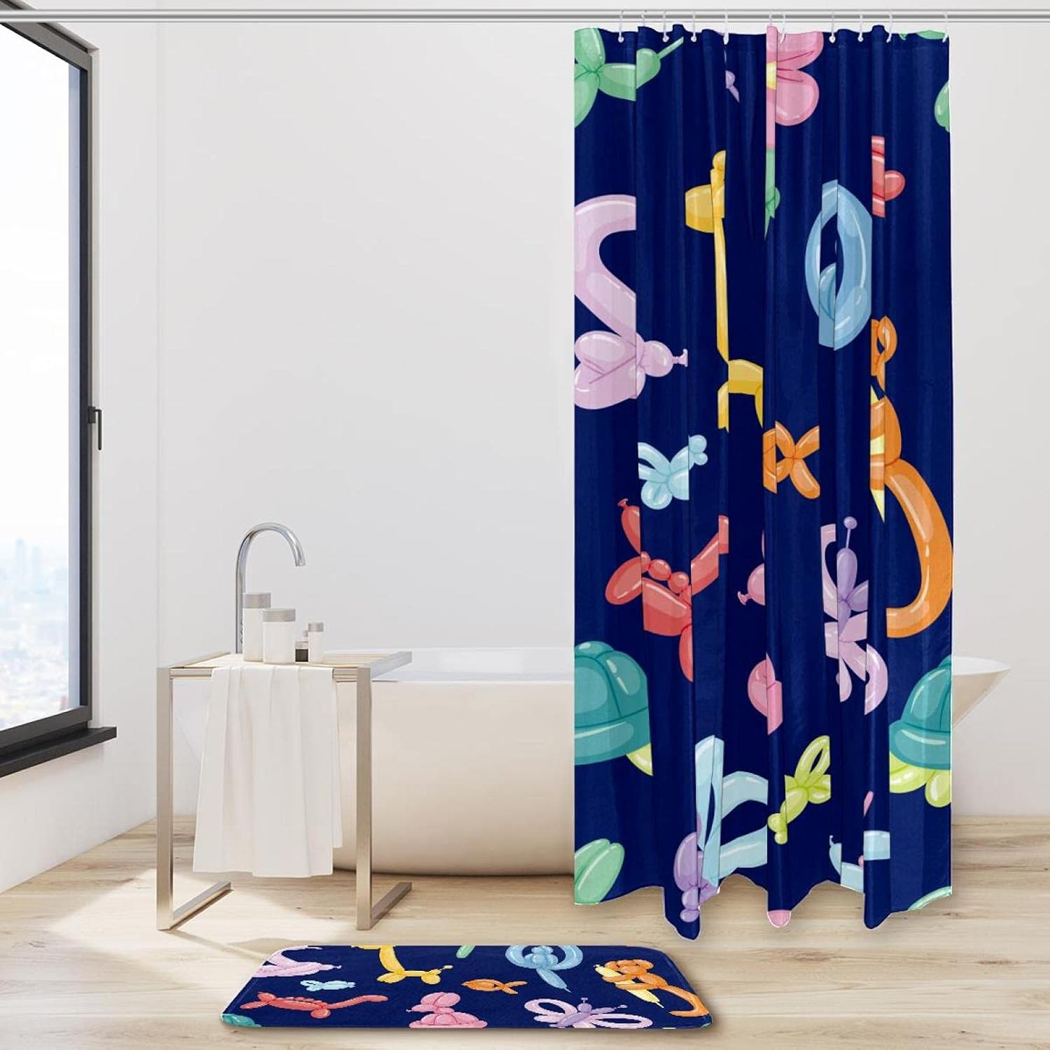 KXO Balloon Animal Dog Flower Candy Snakes, Waterproof Shower Curtain and Mat Set Polyester Bathroom Curtain and Rug Set with Hooks 70.8"x70.8"