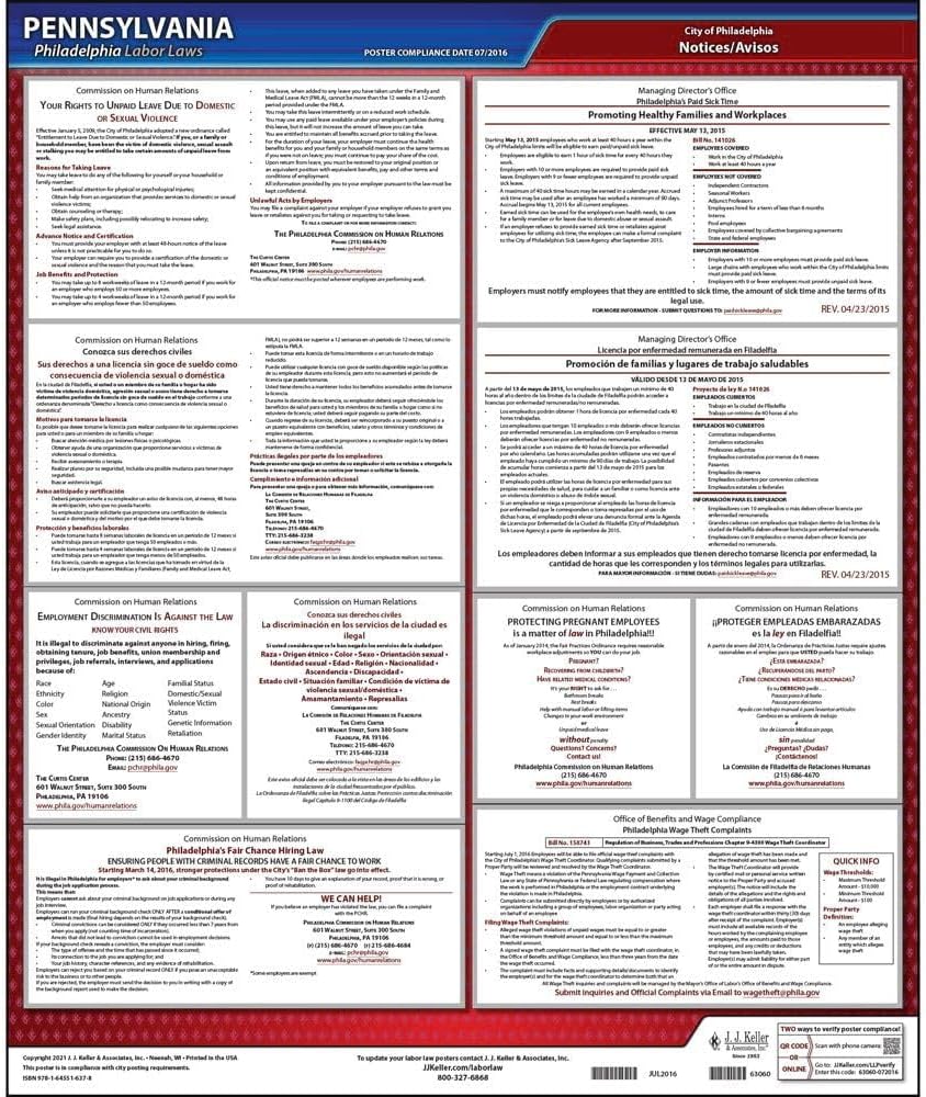 J. J. Keller & Associates, Inc. Pennsylvania/Philadelphia Code Employment Laws Poster, English & Spanish - OSHA Compliant Laminated Labor Law Poster