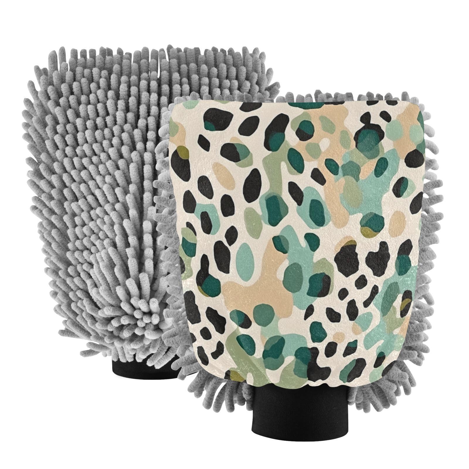 IOACIY Absorbent Microfiber Car Wash Drying Mitts, 2 Pack, Scratch-Free & Lint-Free, Rich Foam, Highly Absorbent, Double Sided, Wash Mitt Perfect for Car Washing, L, Cute Cheetah (2)