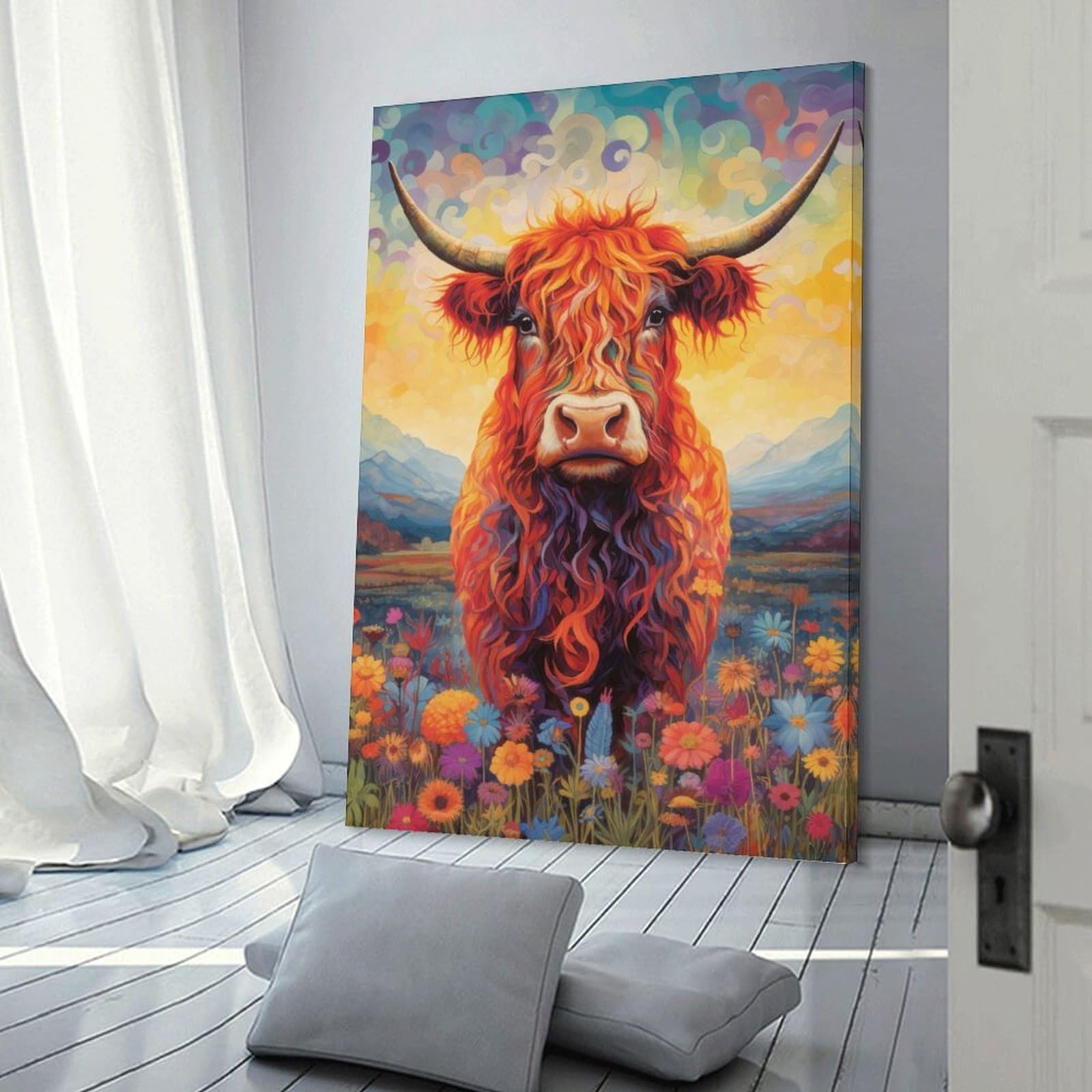 Junmoney Frame-Style-2-1-1 Decorative Wall Artwork Floral Highland Cow, 24X36inch(60X90cm), For Contemporary Homes, Apartments Or Offices, An Easy Choice For New Home Styling