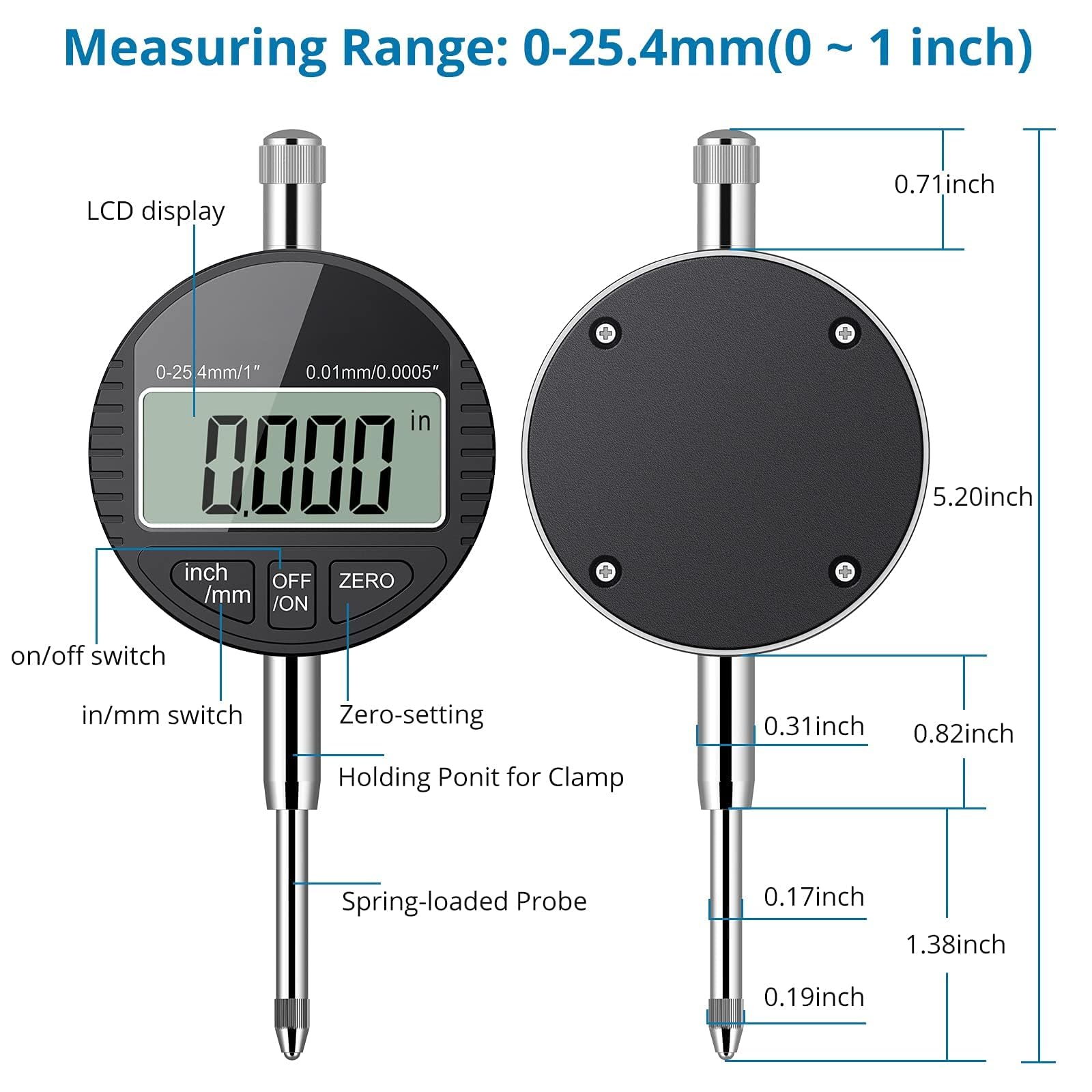 AUTOUTLET Digitale Messuhr 0.01/0.0005'', digitale Messuhr Messtaster 0-25.4mm/1'' Messbereich, mit LCD Anzeige, Digital Indikator Messgerät Dial Test Indicators für Labor Werkstatt usw(schwarz)