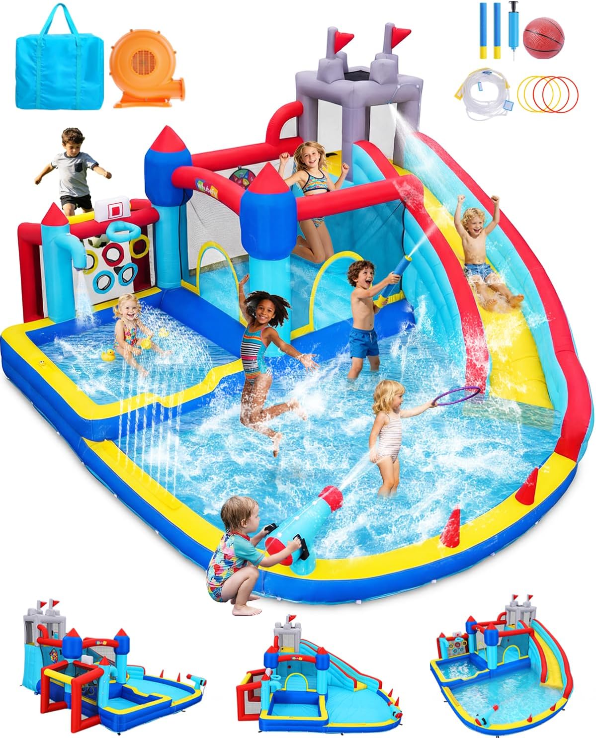 AKEYDIY Inflatable Water Slide, 13 in 1 Water Slide for Kids Backyard,Fortress-Themed Water Bounce House with Deep Splash Pool,Rossing Game,Water Cannon&Spray Belt,Water Park for Party W/550w Blower