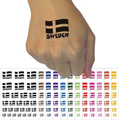 Sweden with Waving Flag Cute Temporary Tattoo Water Resistant Fake Body Art Set Collection - Brown (One Sheet)