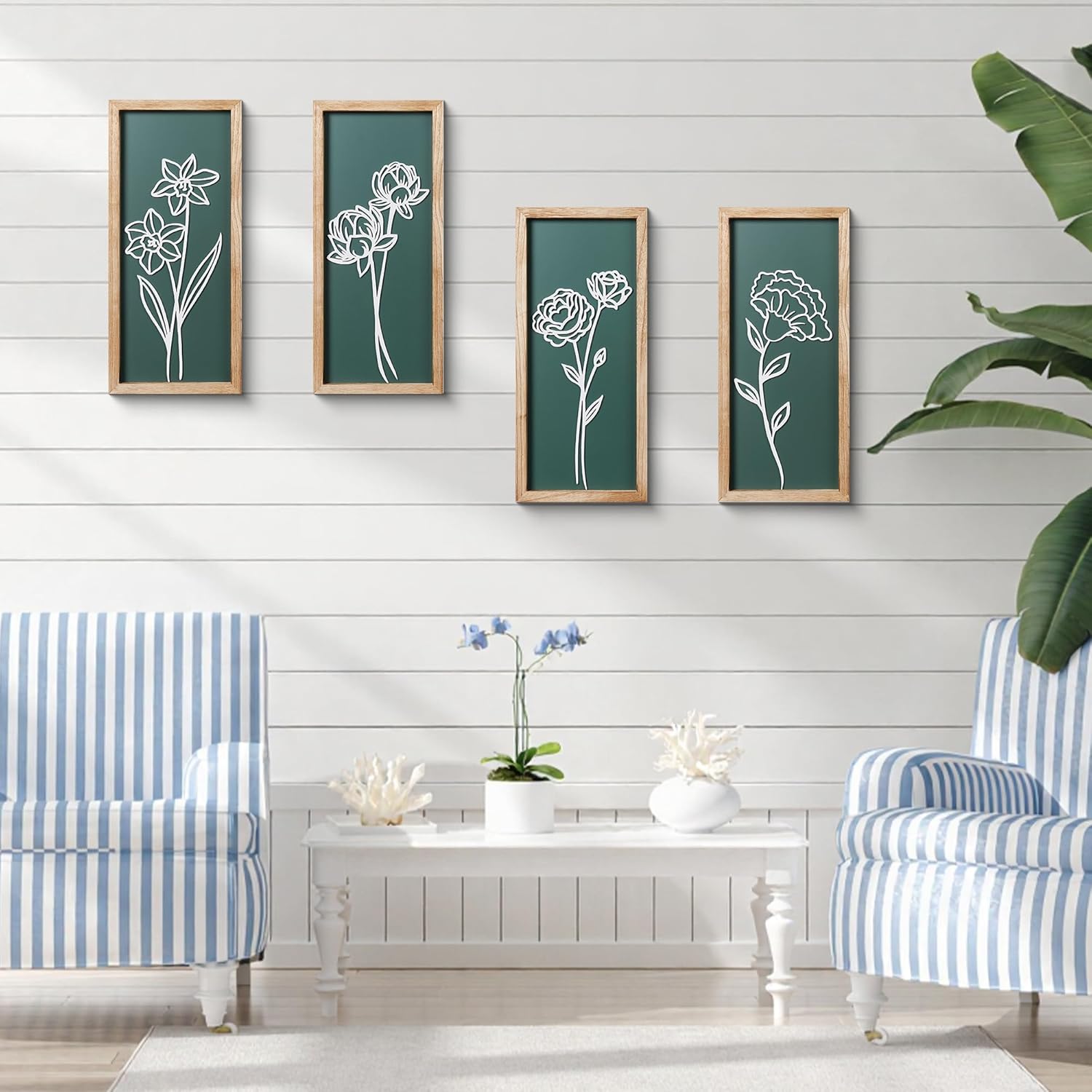 HKBS 3D Wooden Floral Wall Art, Set of 4 Framed Flowers Wall Art Sculptures, Boho Farmhouse Minimalist Decor for Bathroom Bedroom Living Room Kitchen or Office Wall Decorations Housewarming Gifts (Green)