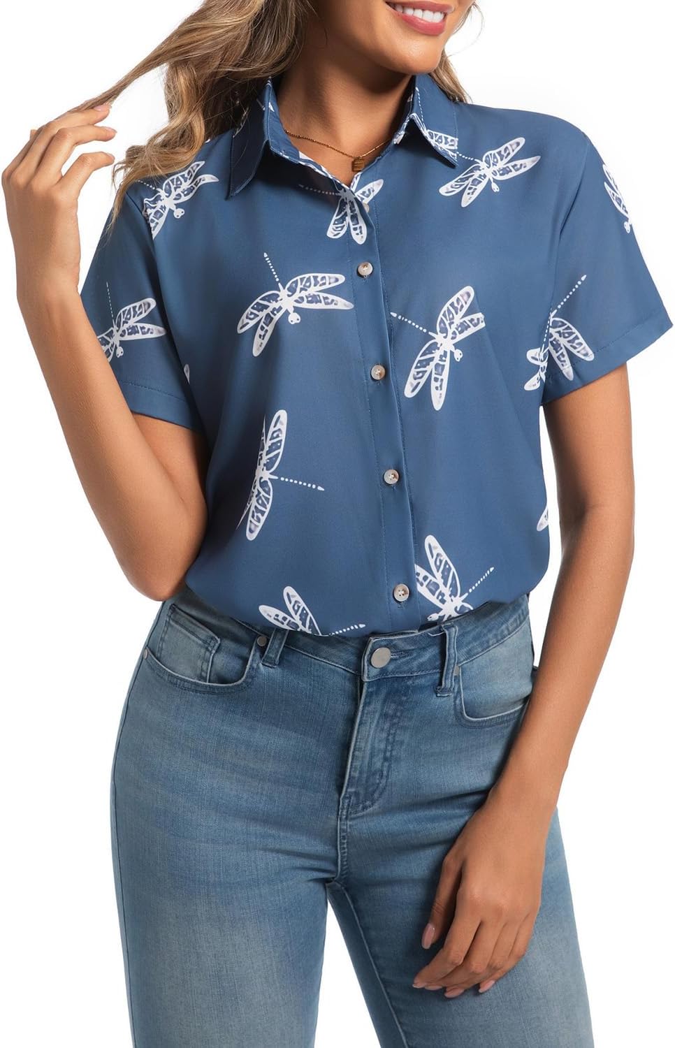 Womens Button Down Shirts Short Sleeve Summer Linen V Neck Collared Hawaiian Floral Print Cat Casual Blouse Tops - Image 2