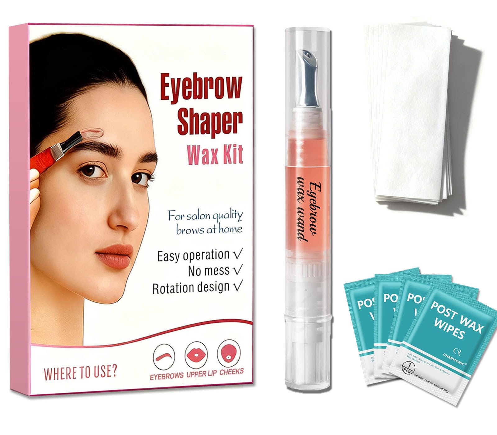 Eyebrow Wax Kit, Eyebrow Shaper Pen, Sugar Wax Wand, Facial Hair Removal for Eyebrow, Upper Lip, Cheek, and Moustache at Home with 50 Cotton Strips and 6 Calming Wipes for All Skin Types for Women Pink