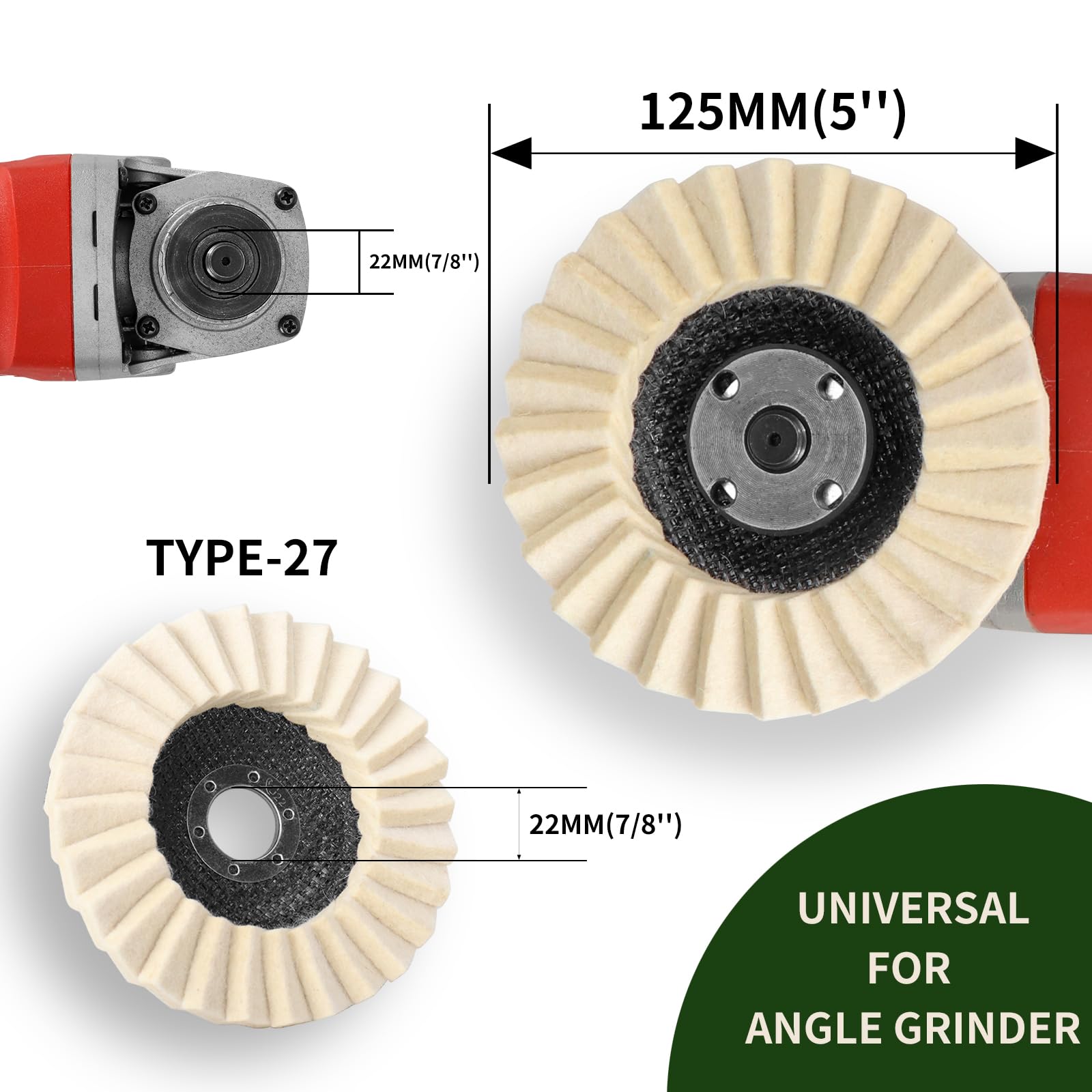 SI FANG Disco de solapa de fieltro de rueda de pulido de lana de 125 mm, almohadillas de pulido de lana fina mejoradas de 5 x 7/8 pulgadas para amoladora angular, pulido compuesto de metal de acero