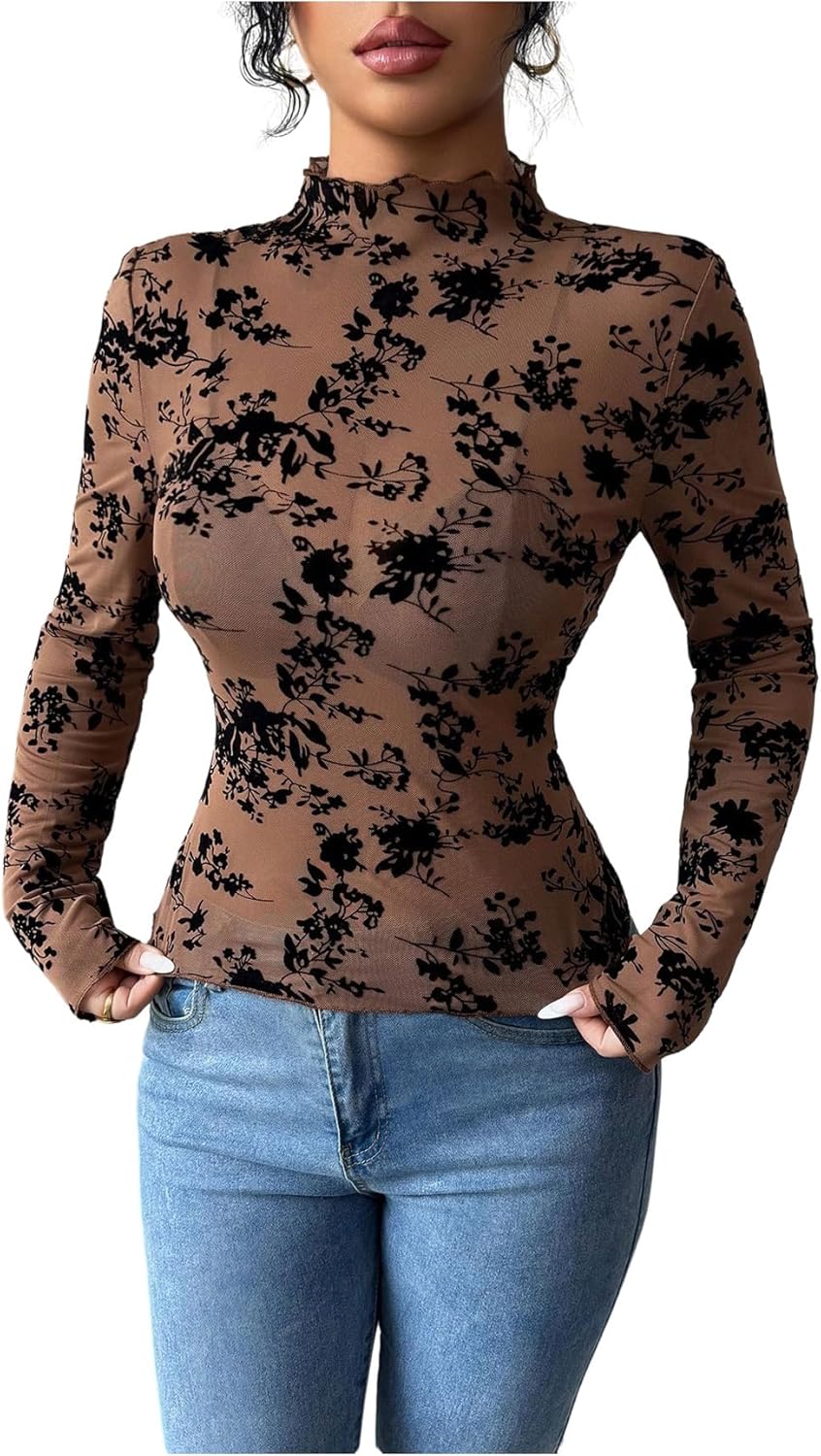 WDIRARA Women's Floral Tops Mock Neck Long Sleeve Mesh Sheer Tee Shirts Fitted Tops