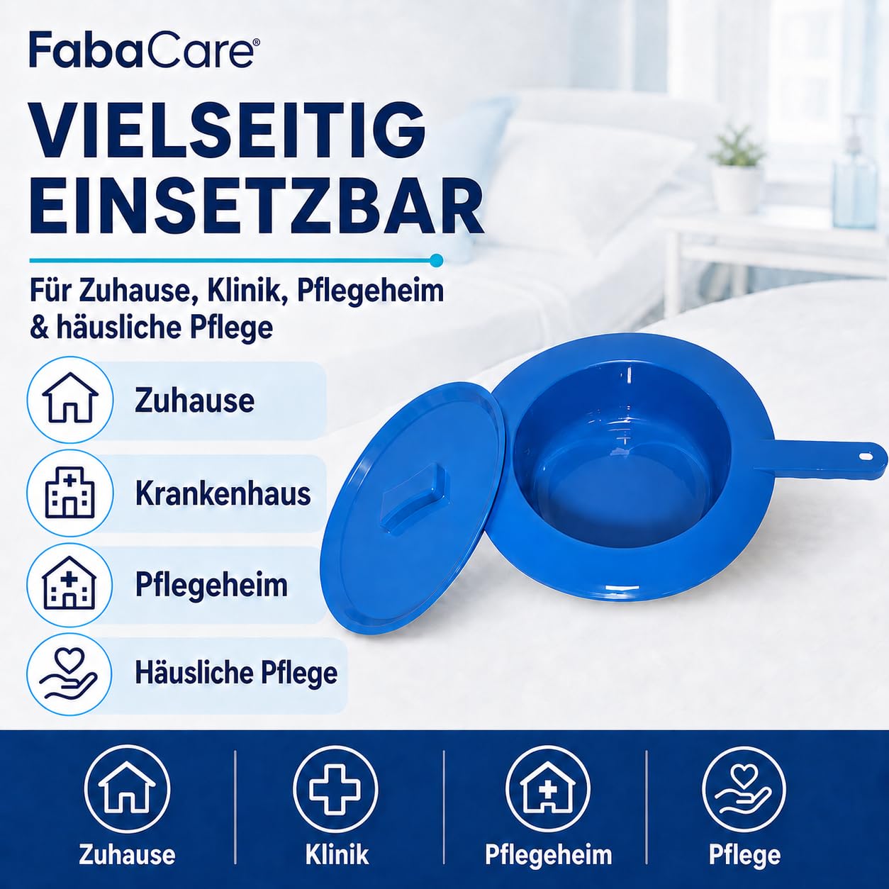 FabaCare Bettpfanne mit Deckel blau für Erwachsene | Stechbecken aus Kunststoff mit Griff, 30 cm Durchmesser, 8 cm Höhe, für Pflege, Klinik und Zuhause