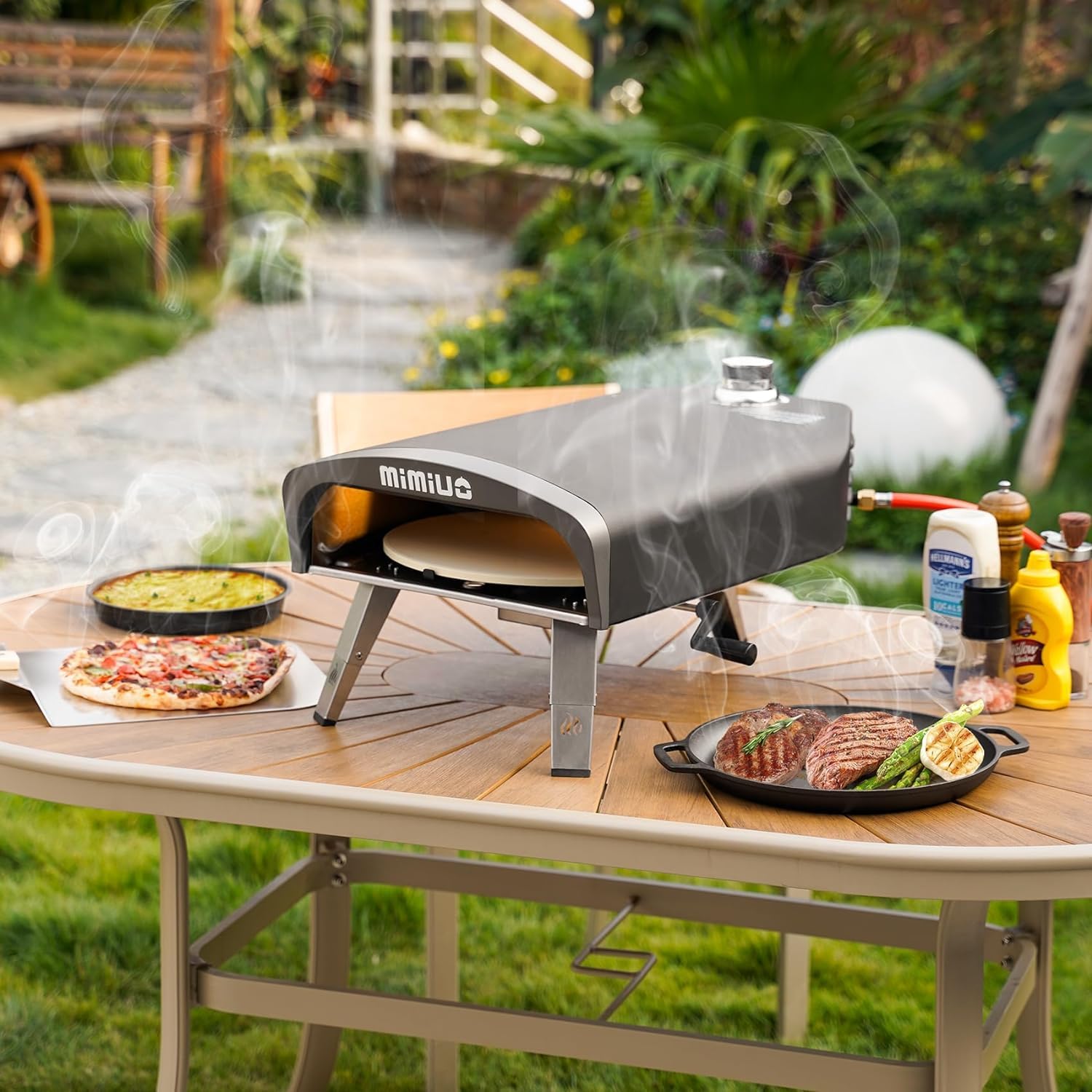 Mimiuo Gas Pizzaofen mit Drehfunktion und Gasdruckregler, Tragbarer Gasofen für Garten, 33cm Pizzastein