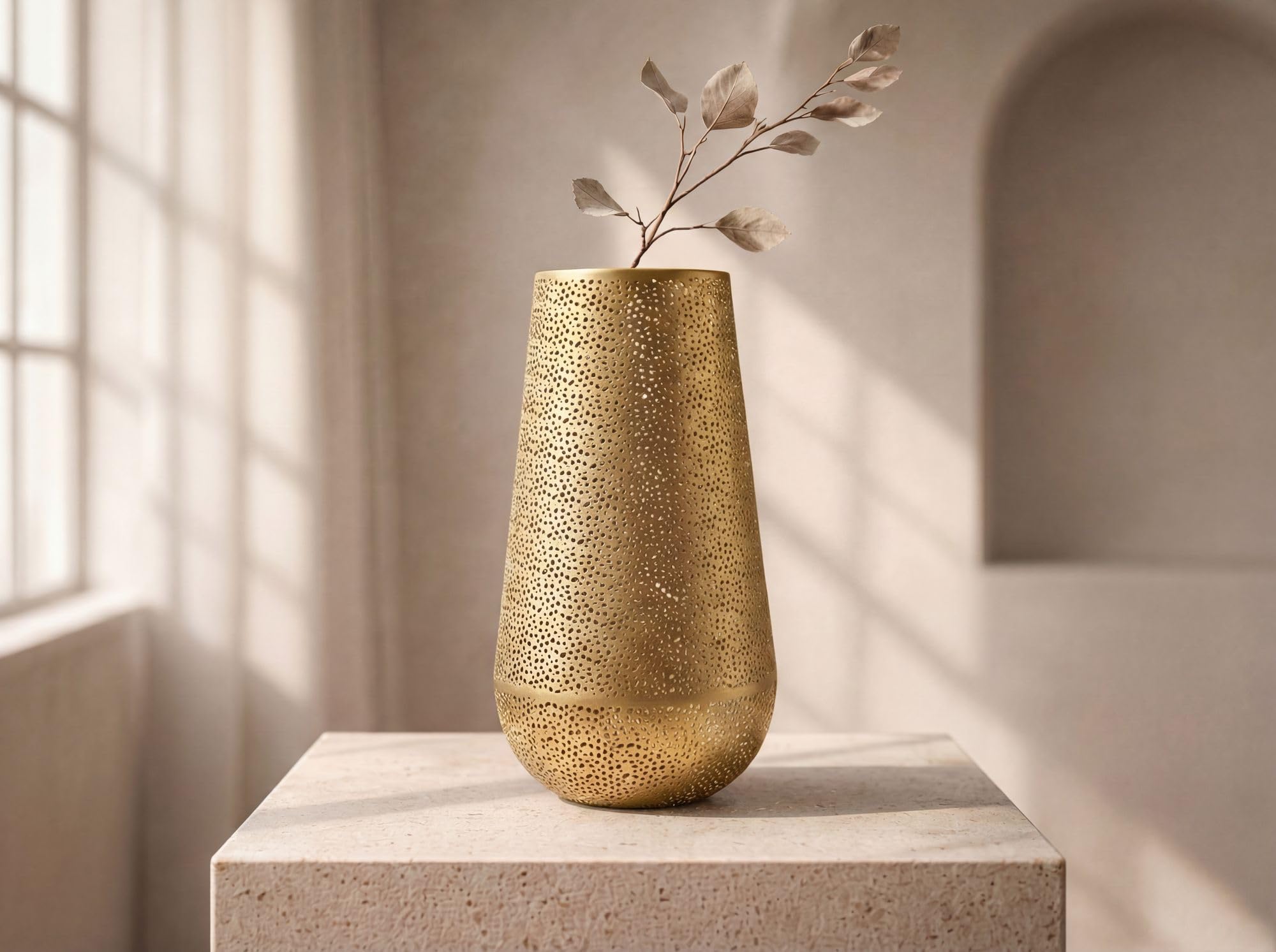 FineBuy Wazon dekoracyjny 25 x 25 x 47 cm Metal Złoty Okrągły Handmade | Wazon podłogowy ażurowy, ręcznie wykonany z żelaza. Ażurowy wazon dekoracyjny, ozdoba do salonu i przedpokoju.