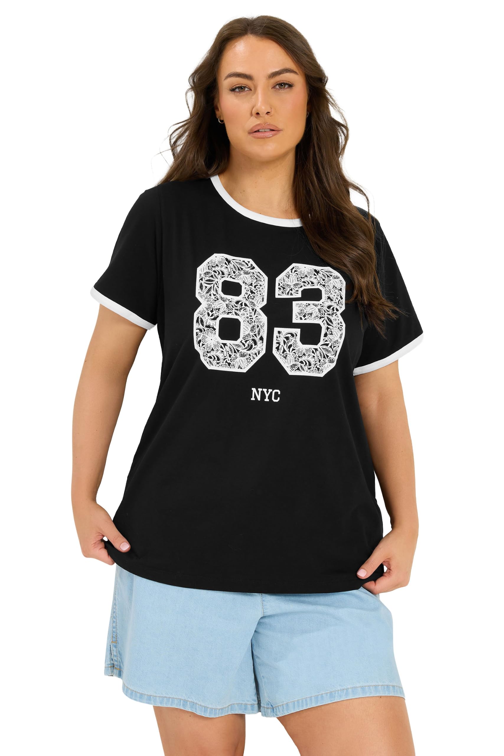 Yours Women's Black '83' Ringer T-Shirt In Size 26-28