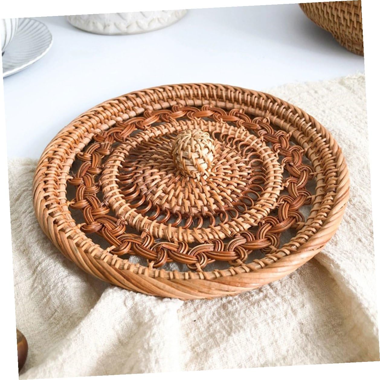Veemoon Cesto Porta Dolci in Rattan Intrecciato Contenitore Versatile Coperchio per Snack e Dolci, per Regalo di Inaugurazione Casa o Studio