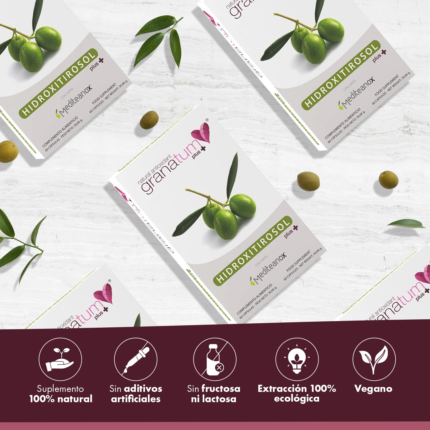 Granatum Plus - Hidroxitirosol Plus - Complemento Alimenticio - Extraído de Aceite de Oliva Virgen Extra - Suplemento Antioxidante - Bienestar General - Producido en España (2 Cajas de 60 cápsulas)