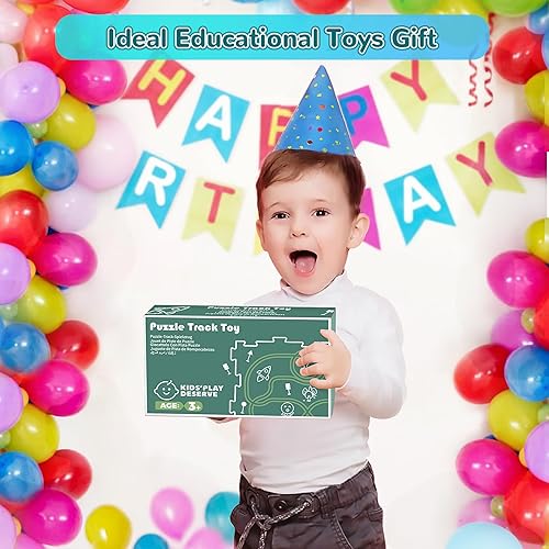 Miniatura 13 de Rompecabezas de piso de plástico para niños con 2 vehículos lindos, juego de pistas de autos para niños, juguetes Montessori para niños de 3, 4, 5