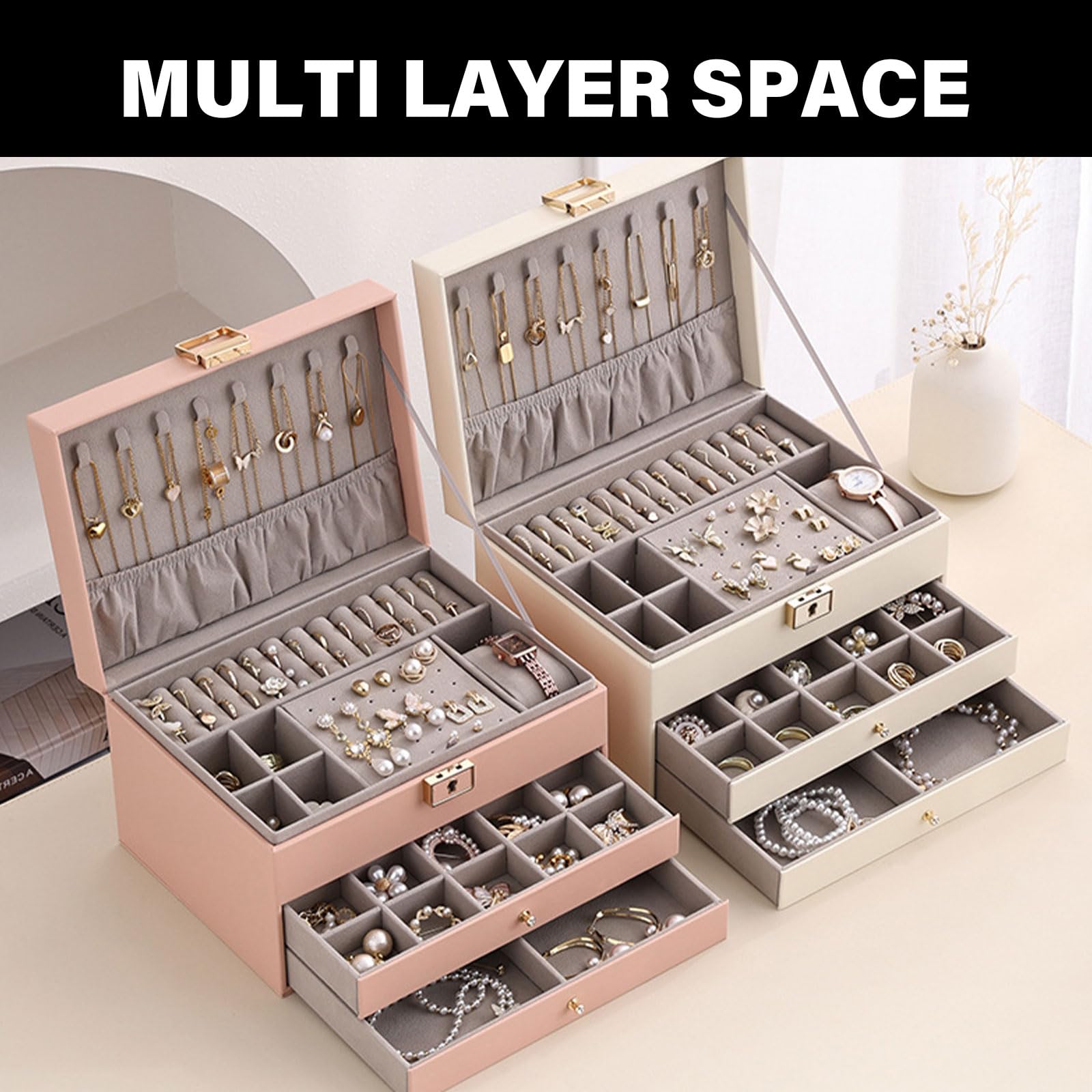 Mehrschichtige Schmuckorganisatoren mit PU Lederhalter, White