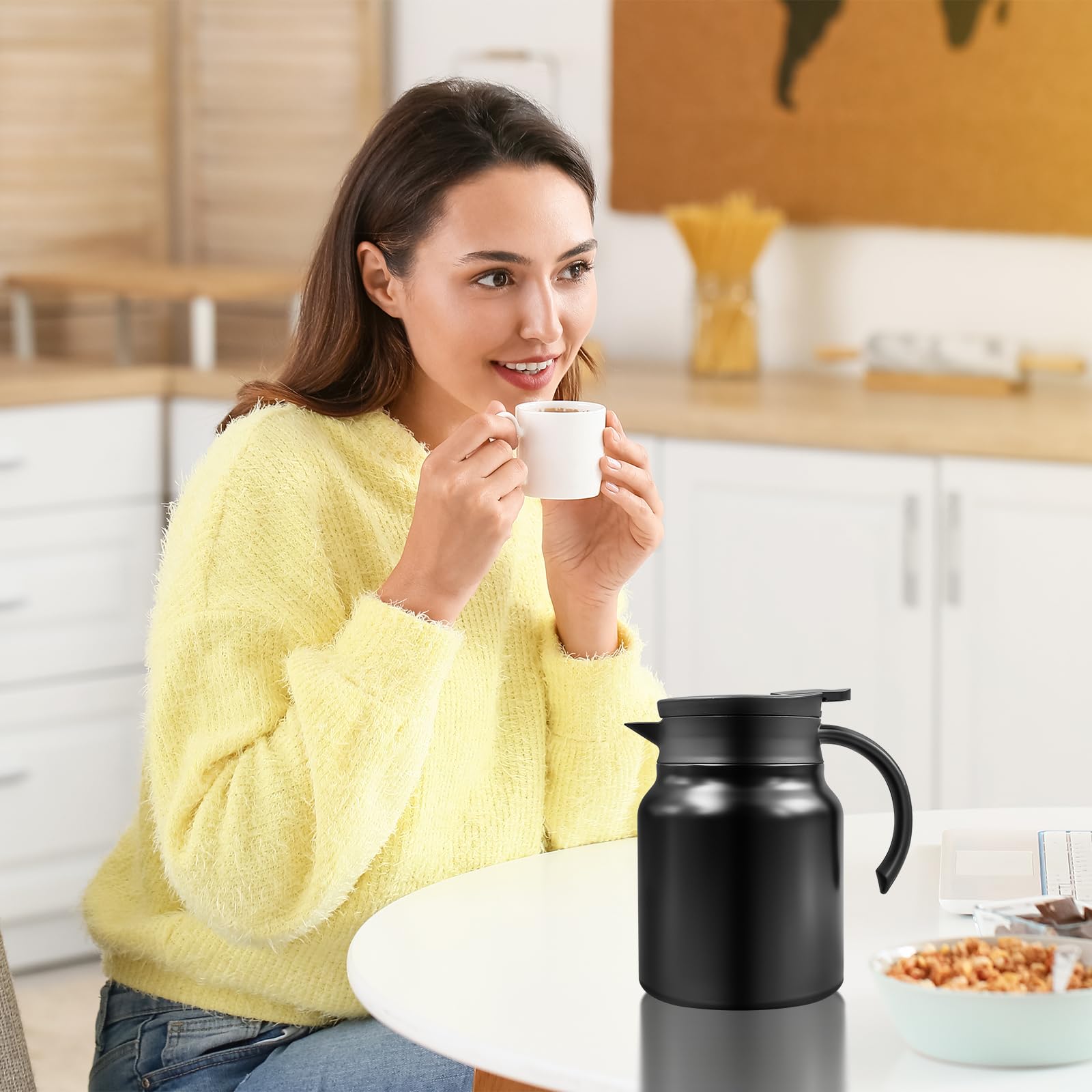 Juego de 2 jarras isotérmicas de café de 1 litros – Cafeteras de acero inoxidable de doble pared con filtro extraíble – Teteras de aislamiento al vacío – negro mate