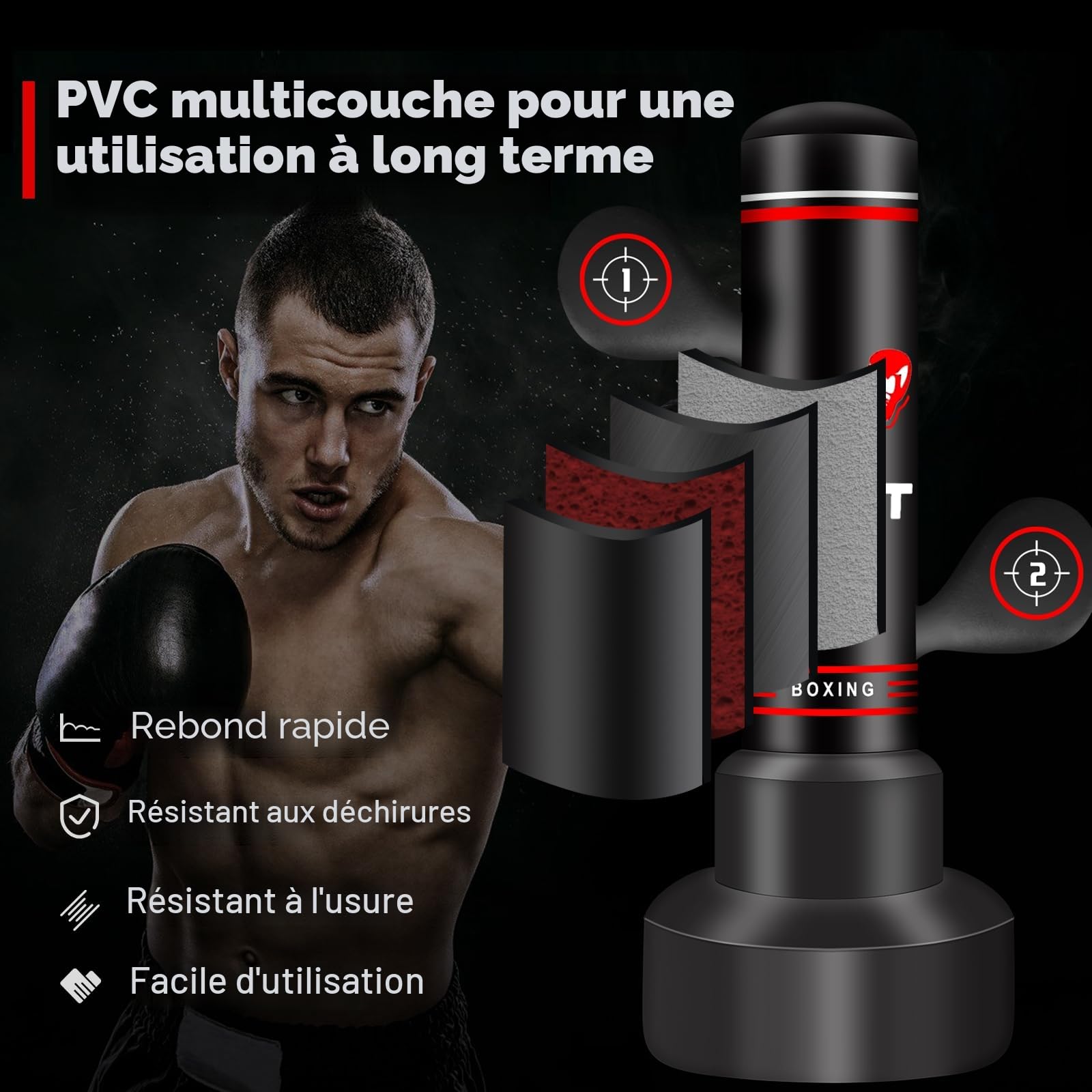 NZQXJXZ Sac de Frappe Adulte, 180cm Sac de Boxe Autoportant avec Gants de Boxe, Pompe, Corde à Sauter et Balle de Réflexe, Sac de Frappe Gonflable pour Hommes pour Entraînement Muay Thai MMA Fitness