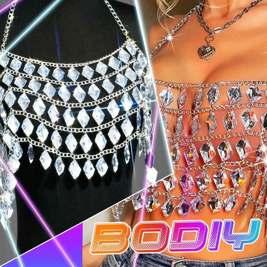 BODIY Rhinestone Body Chain Tops Crystal Halter Crop Tops Silver Bikini Chain Bra Body Accessories for Women
