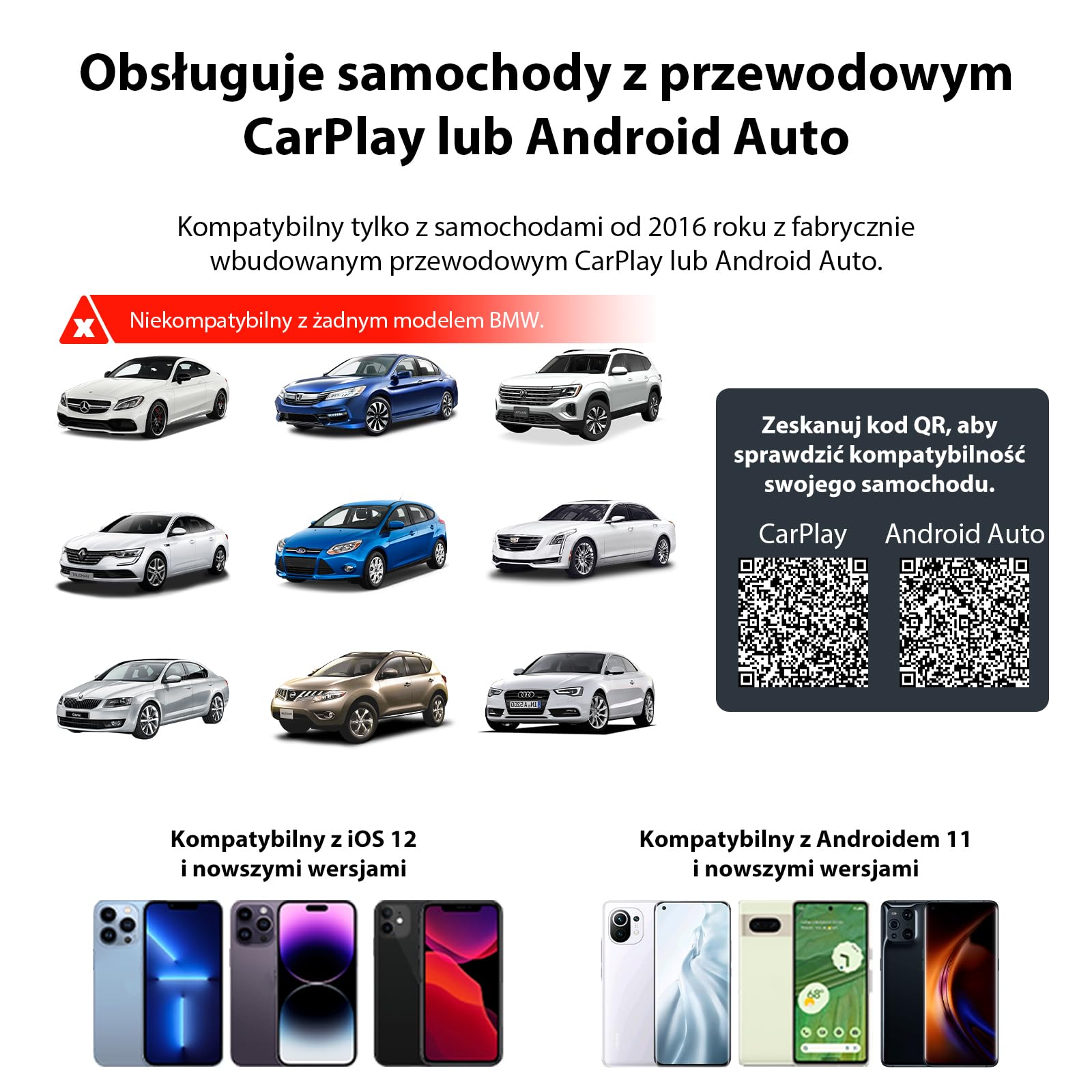 Sunweyer Bezprzewodowy Adapter CarPlay i Android Auto do Samochodów z Łącznością Przewodową | Port USB-A | Plug & Play | Automatyczne Łączenie (Niezgodny z BMW/Samochodami bez CarPlay)