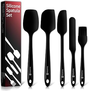 Silicone Spatula Set 5pcs Black High Heat Resistant Non Stick Bakery Flexible BPA Free Dishwasher Safe Kitchen Utensils Bakeware Cookware Baking Mixing One-piece Seamless Spatula Set
