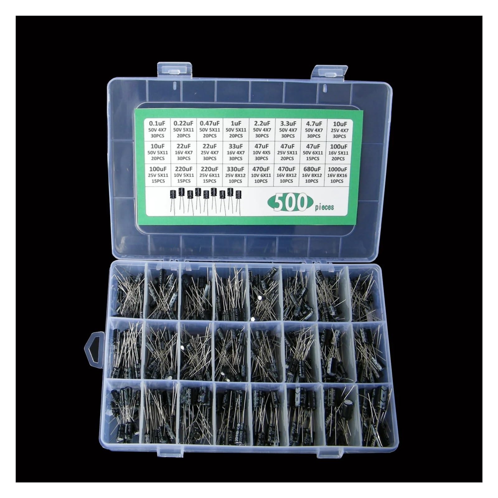 ICXLPMC 500Pcs/lot 0.1UF-1000UF 24Values Aluminum Electrolytic Capacitors 16-50V mix Electrolytic capacitor Assorted kit and storage box
