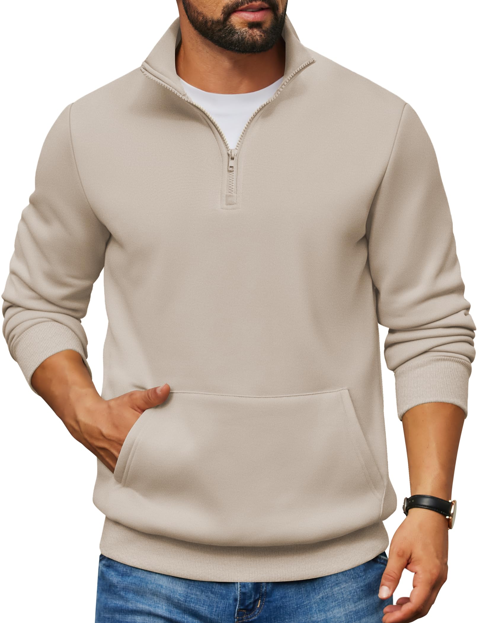 COOFANDY Mens Quarter Zip Pullover Long Sleeve Fleece Lined Sweatshirts | Casual 1/4 Sweatshirts, Mock Neck, Kangaroo Pocket, Soft and Stretchy, Regular Fit, No Hood Sweat Shirts, Fall Winter
