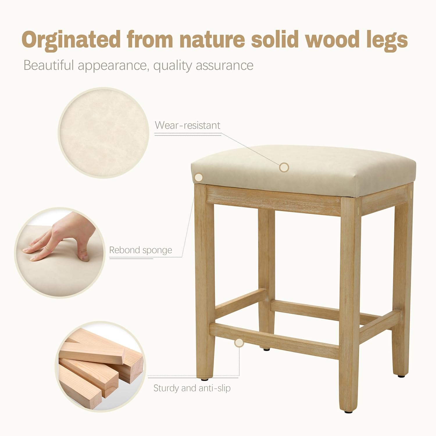 RNKSFX Counter Height Bar Stools Set of 4 for Kitchen Counter Farmhouse Modern Backless Barstools with Faux Leather Upholstered Seat and Solid Wood Legs 24 inch Bar Chairs, Khaki + Wood Color