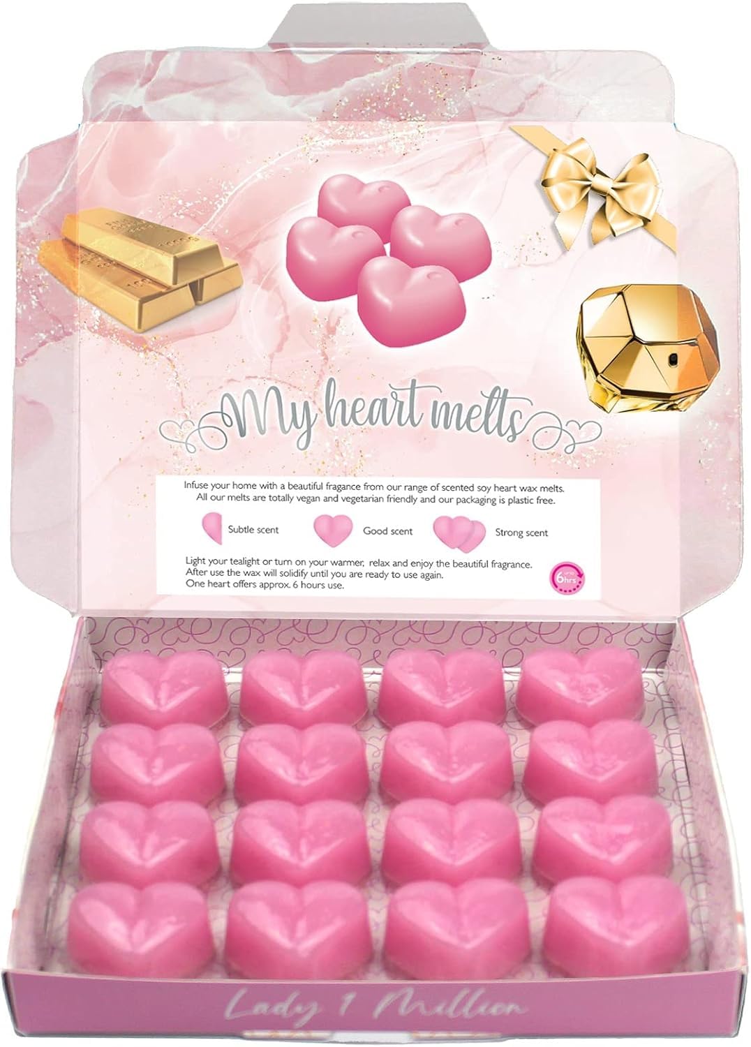 Lady 1 Million Scented Wax Melts; 16 x 6g Heart Shaped Melts Inspired by Lady 1 Million in a Printed Presentation Gift Box, Pet Friendly, Cruelty Free by Spotless Leopard
