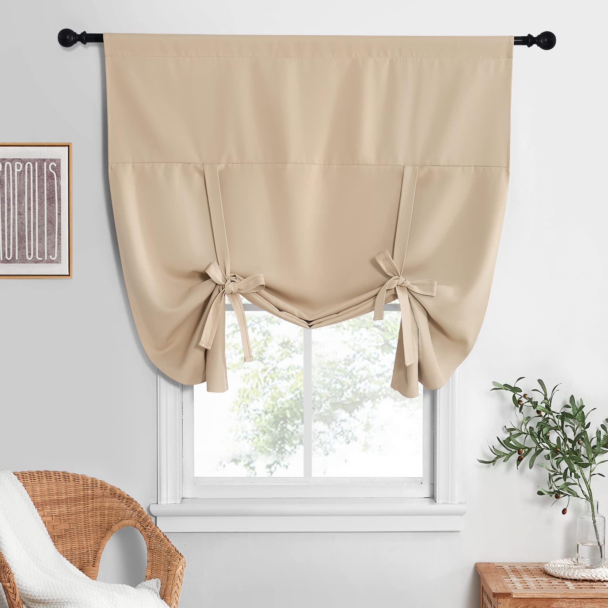 NICETOWN Farmhouse Tie Up Shade - Window Valance for Kitchen Balloon Curtain Rod Pocket Drapery for Home Decor Adjustable Valance, 52W x 63L in, Biscotti Beige, 1 Panel