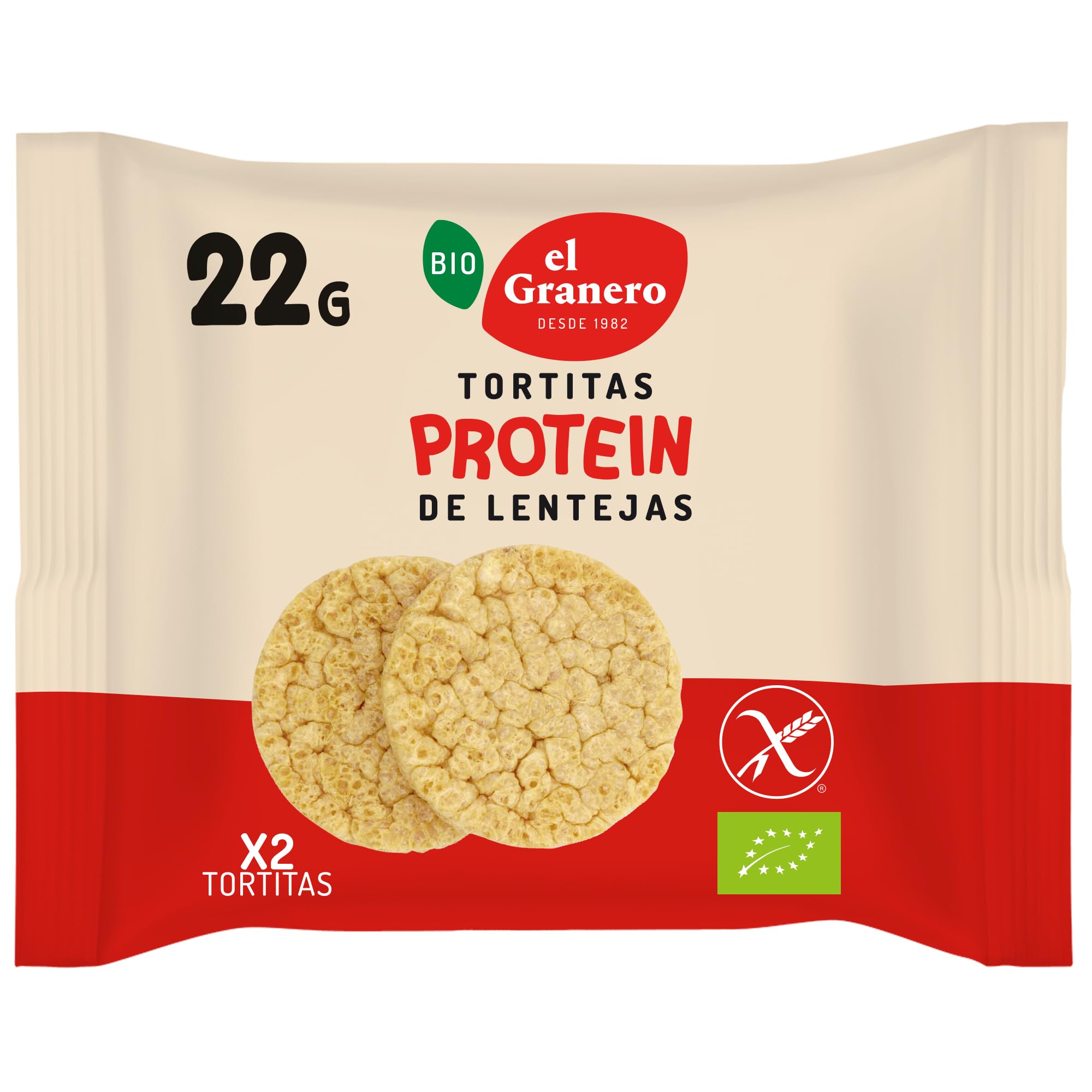 EL GRANERO INTEGRAL - Pack de 8 unidades de Tortitas Protein de Lentejas - 22 g - Ecológicas, Sin Azúcar Añadido y Sin Gluten - Aptas para Veganos - Fuente de Fibra y con 25 gramos de Proteína