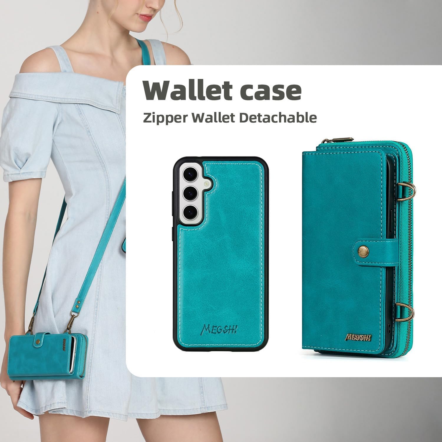 Compatible with Samsung Galaxy S23 FE 5G Wallet Case Crossbody Shoulder Strap Stand Card Holder Multi-Function 2in 1 Detachable Magnetic Cell Phone Cover for S 23 EF S23FE 23S Green