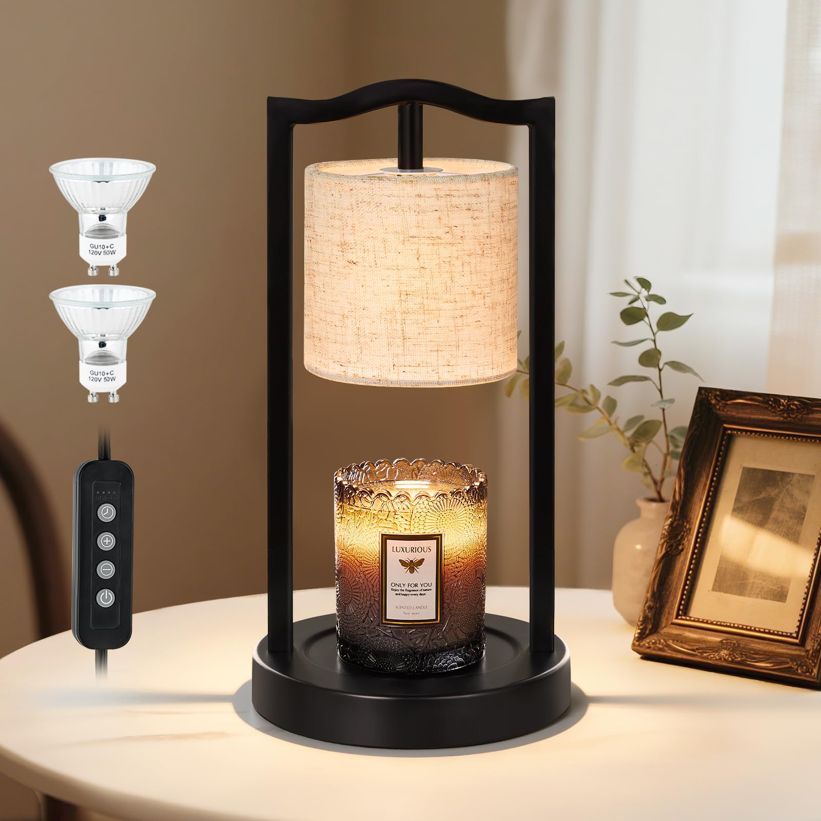 GyroVu Candle Warmer Lamp with Timer, 3-Level Dimmable Electric Candle Lamp with Linen Shade, 50W Wax Melt Warmer for Scented Wax, Gift for Women,Mom,House Warming & Home Decor