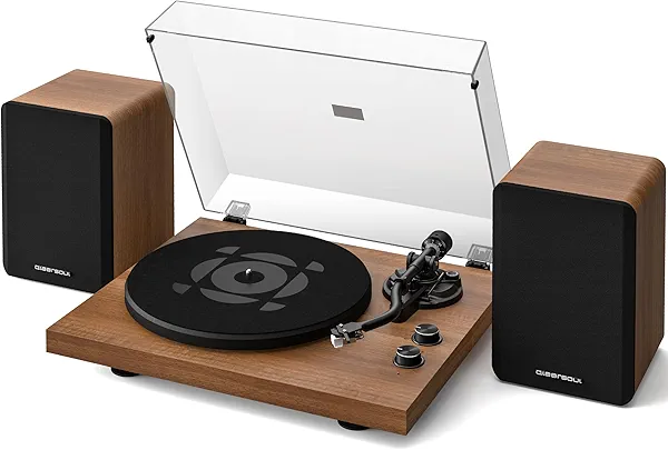 QLEARSOUL SoulBox S1 Vinyl Record Player with Stereo Speakers, Turntable with Built-in Preamp, S-Shaped Tonearm, 33/45 RPM - Walnut