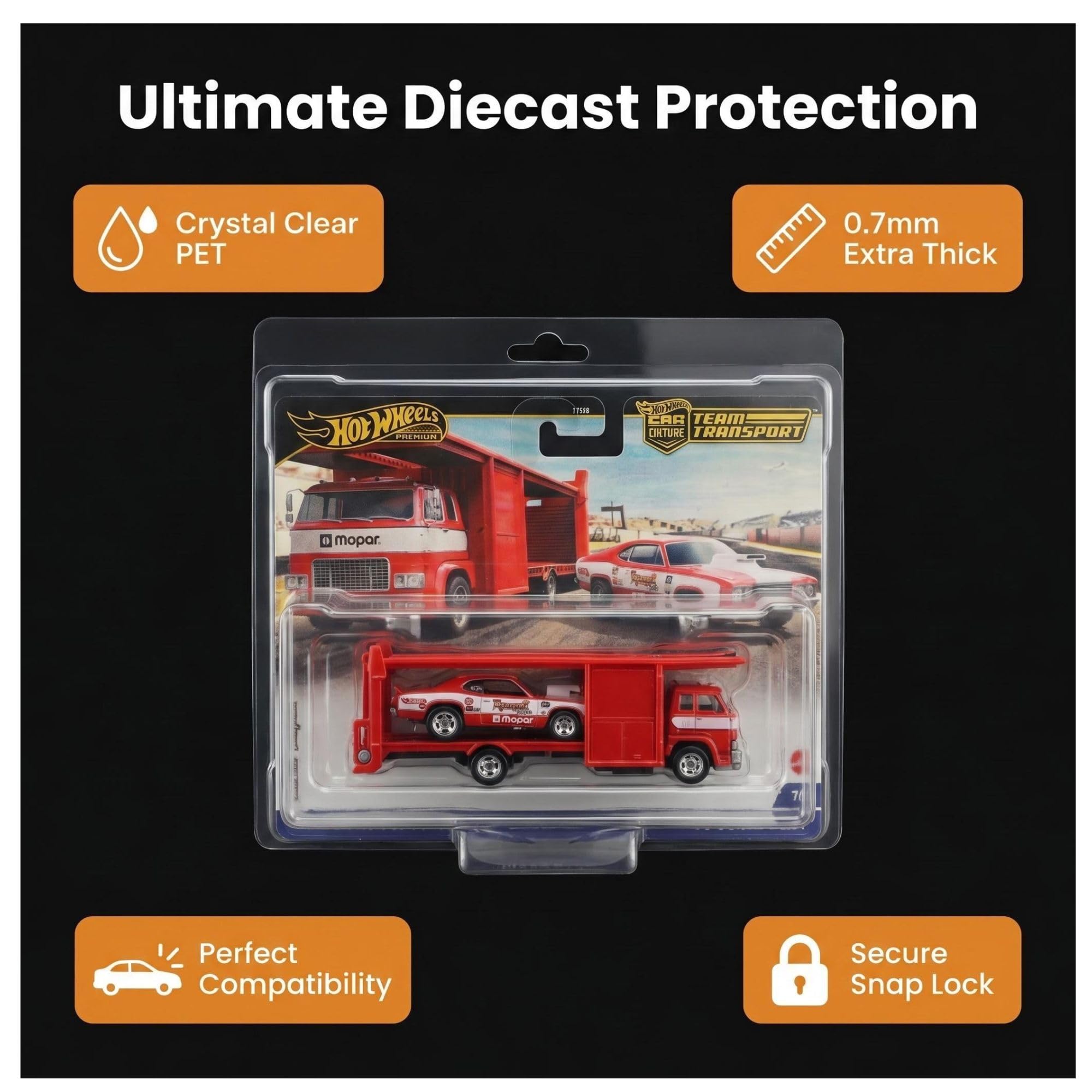 Confezione da 15 custodie protettive compatibili con Hot Wheels Team Transport, custodia in plastica PET trasparente, spessore 0,7 mm, scatola portaoggetti e chiusura a scatto